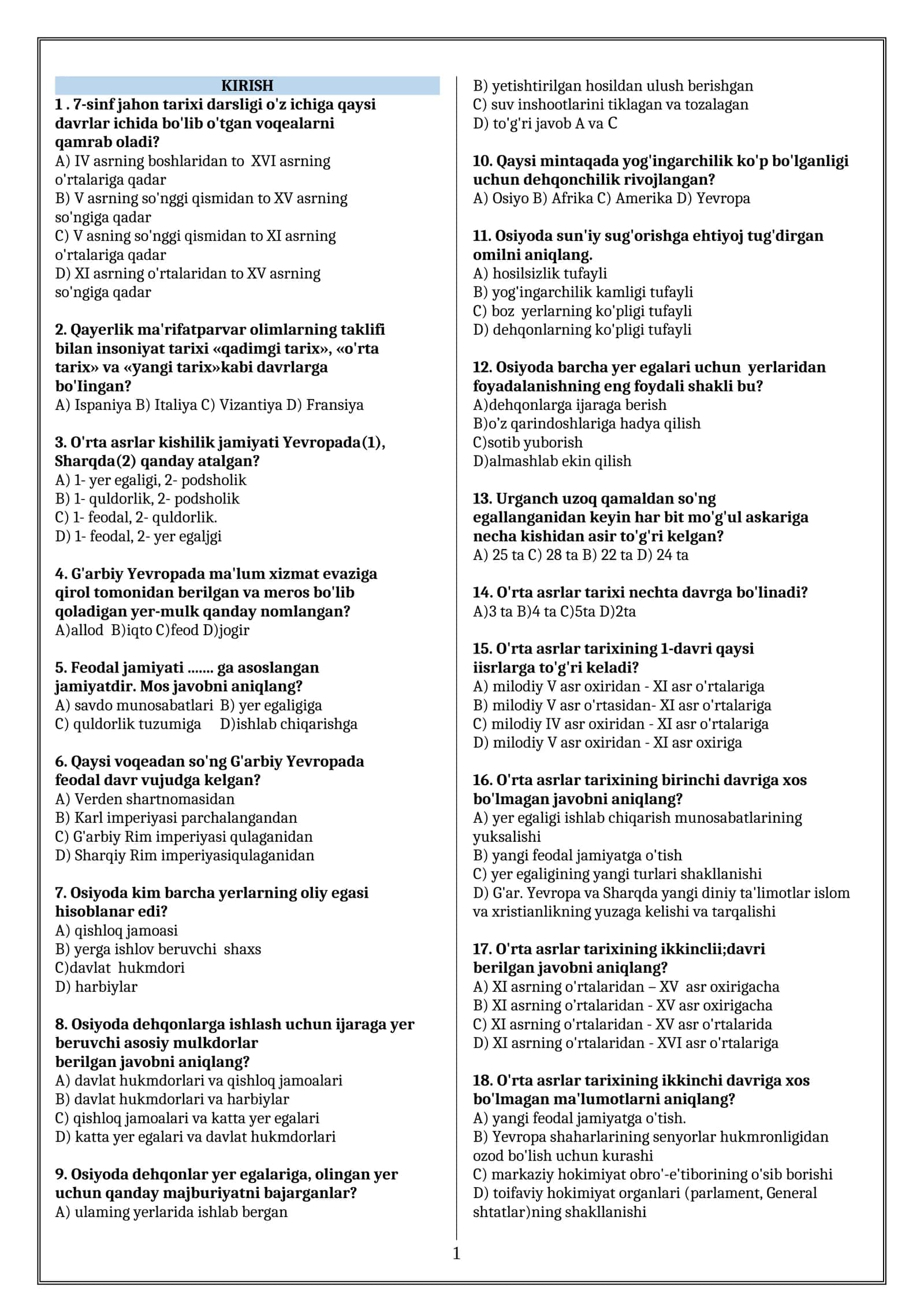 7-sinf jahon tarixidan mavzulashtirilgan testlar
