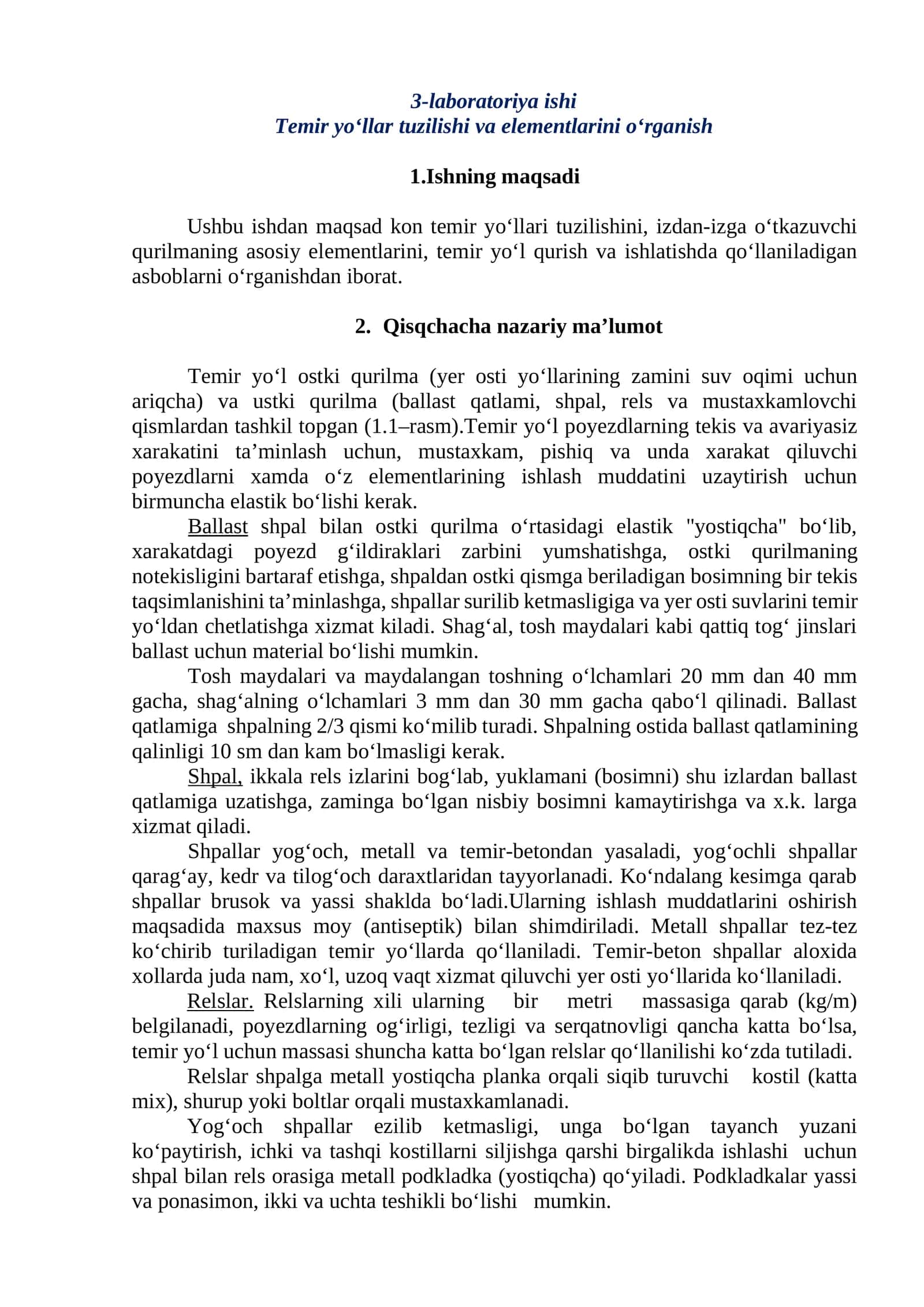 Temir yo‘llar tuzilishi va elementlarini o‘rganish