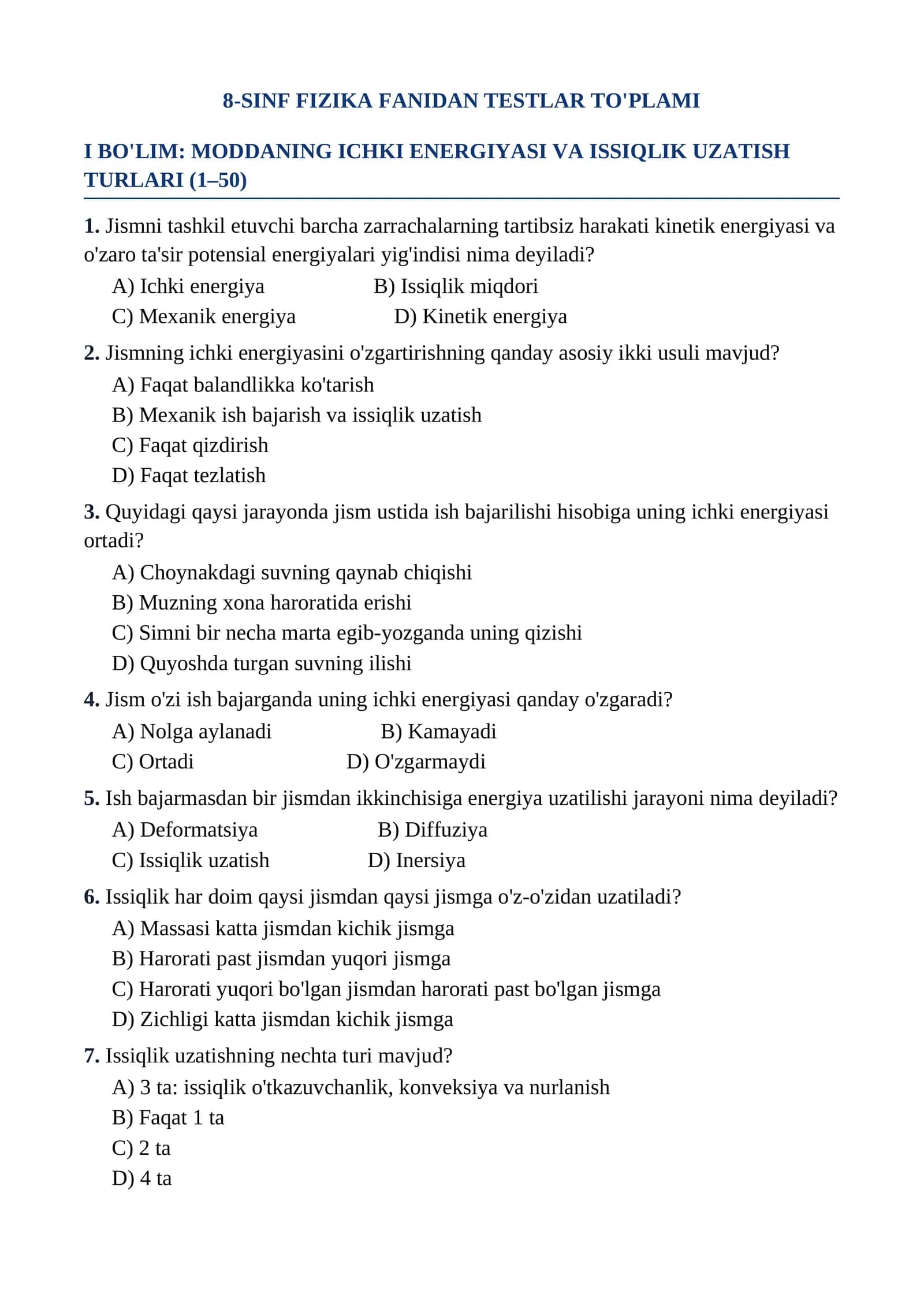 8-SINF FIZIKA FANIDAN TESTLAR TO'PLAMI