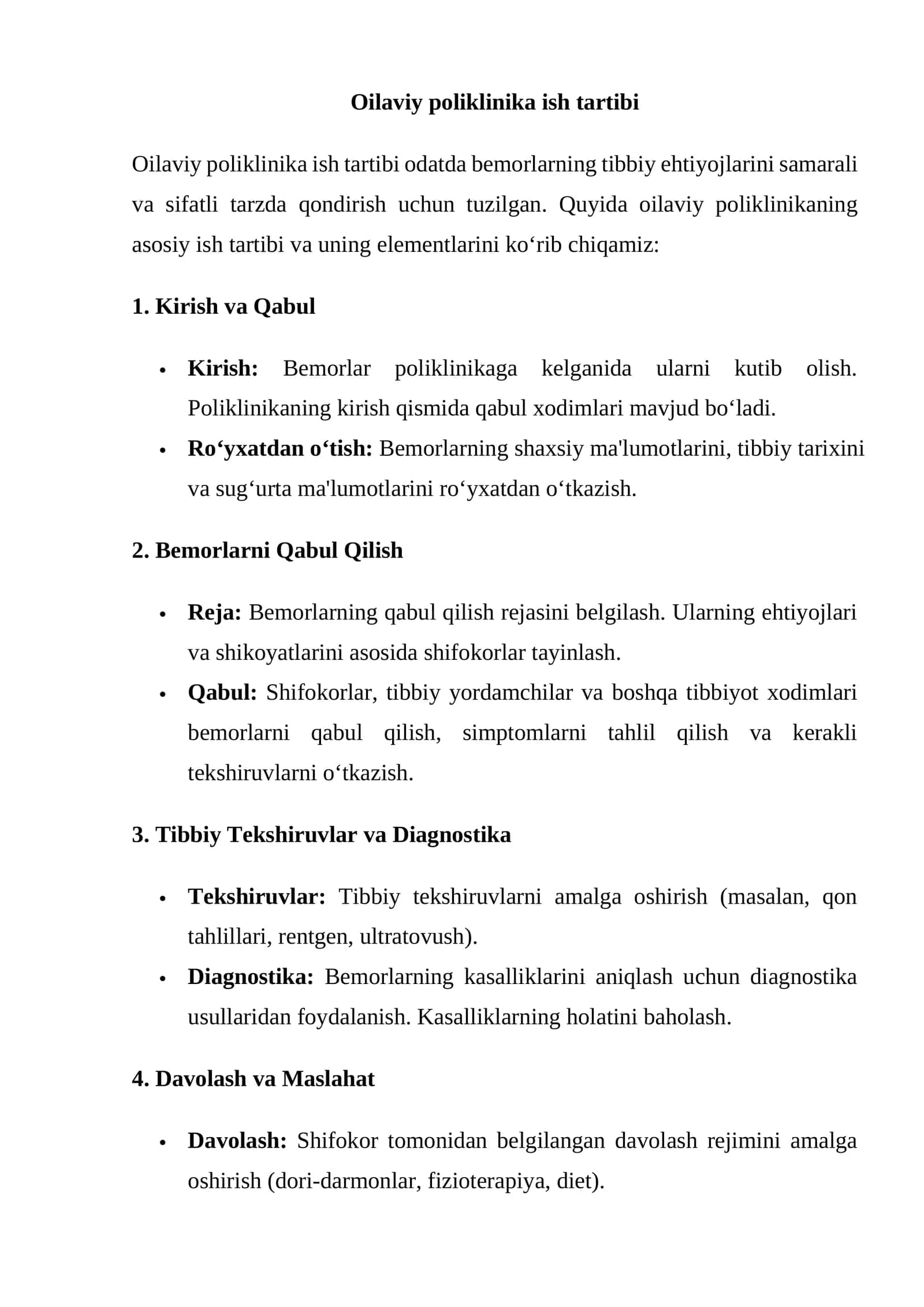 Oilaviy poliklinika ish tartibi