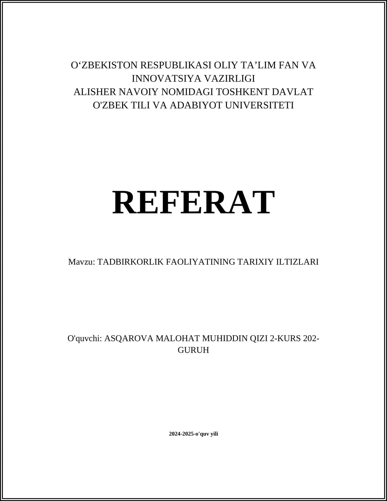 TADBIRKORLIK FAOLIYATINING TARIXIY ILTIZLARI