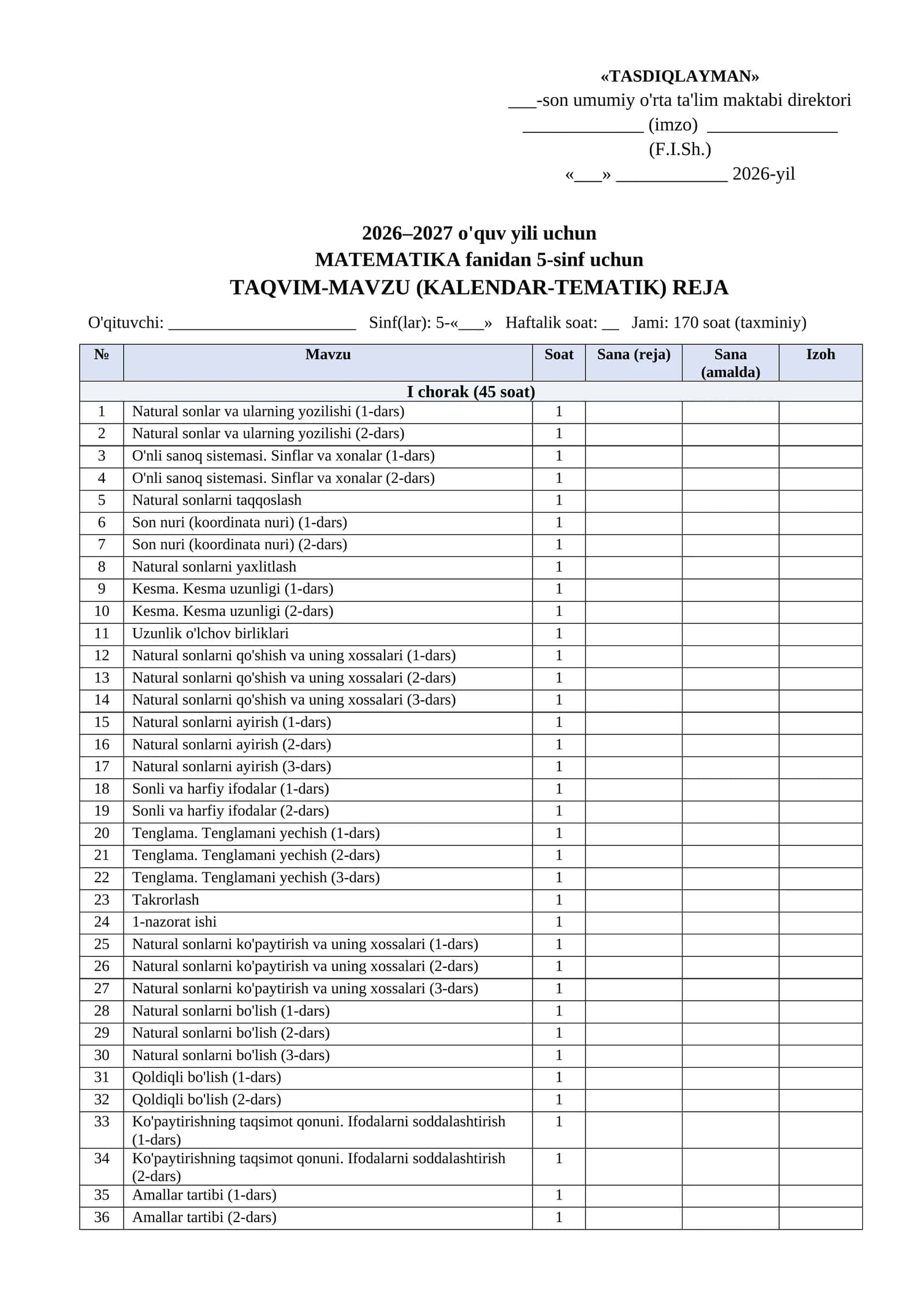 Kalendar tematik reja 2026-2027 5 sinf Matematika word tayyorgarlik toplami