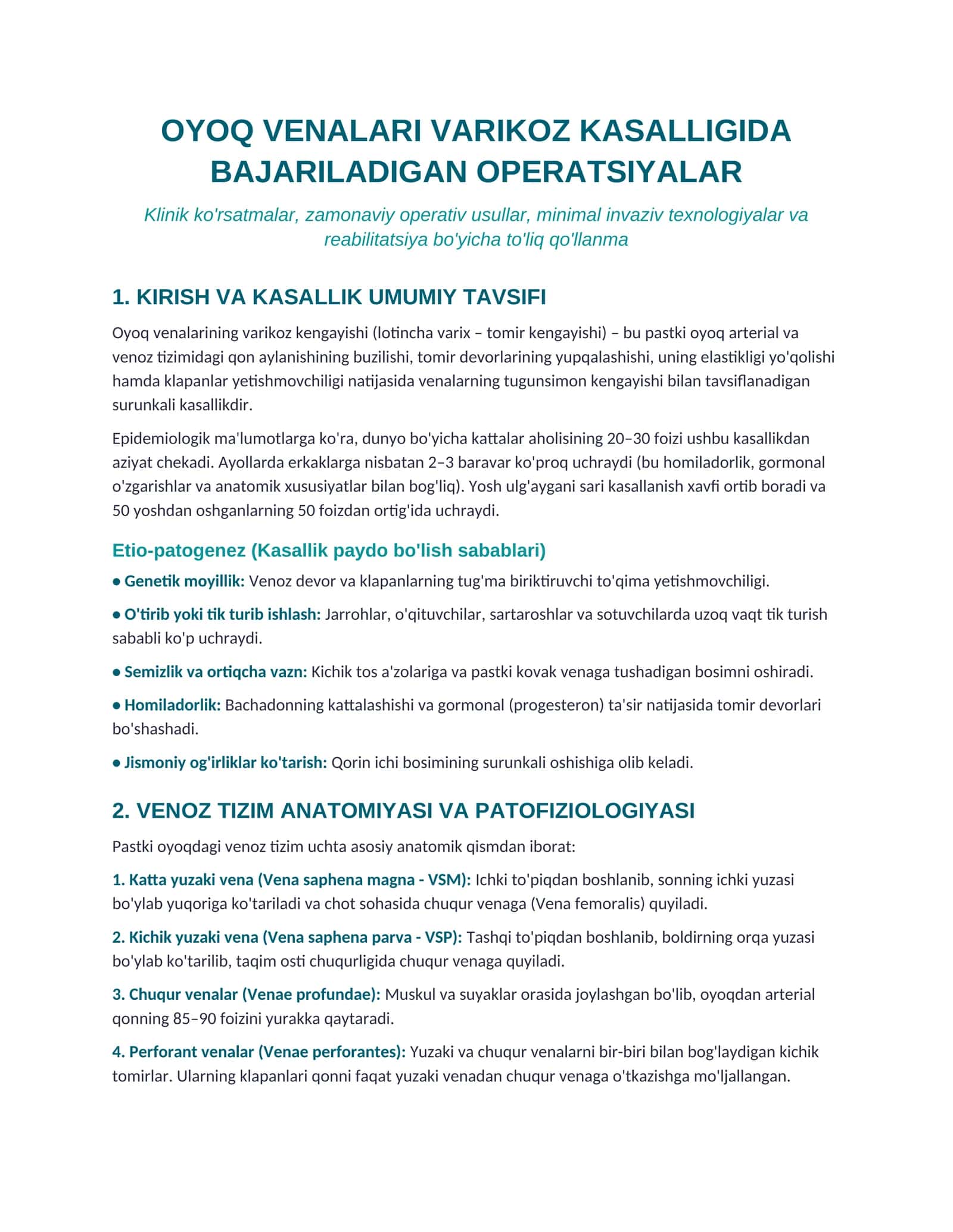 OYOQ VENALARI VARIKOZ KASALLIGIDA BAJARILADIGAN OPERATSIYALAR