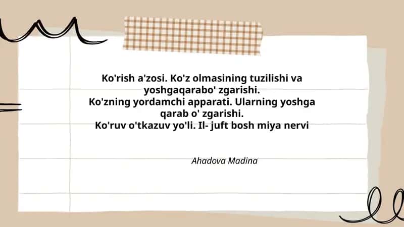 Ko'rish a'zosi. Ko'z olmasining tuzilishi va yoshgaqarabo' zgarishi