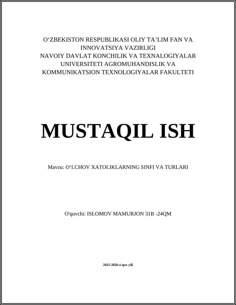 OʻLCHOV XATOLIKLARNING SINFI VA TURLARI