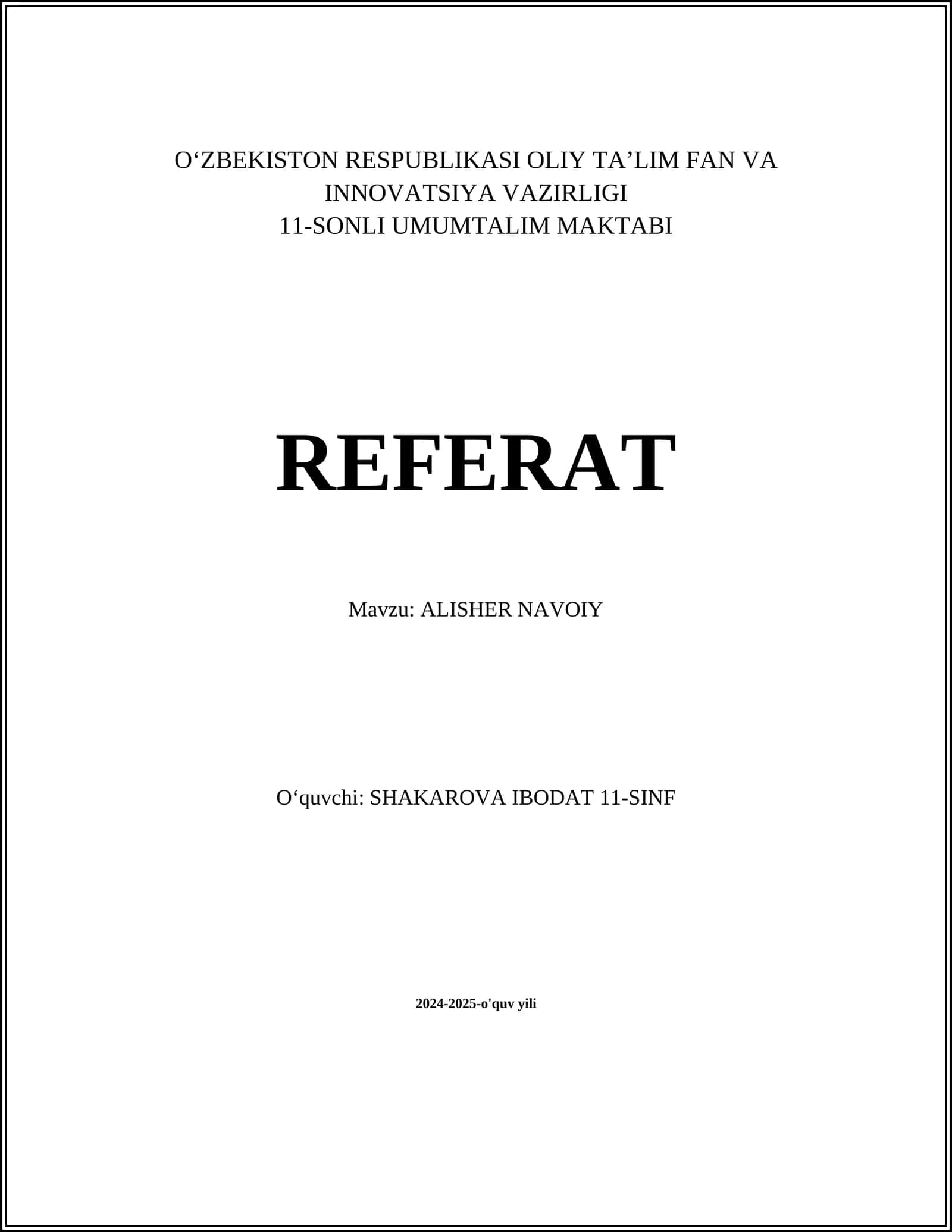 ALISHER NAVOIY REFERAT