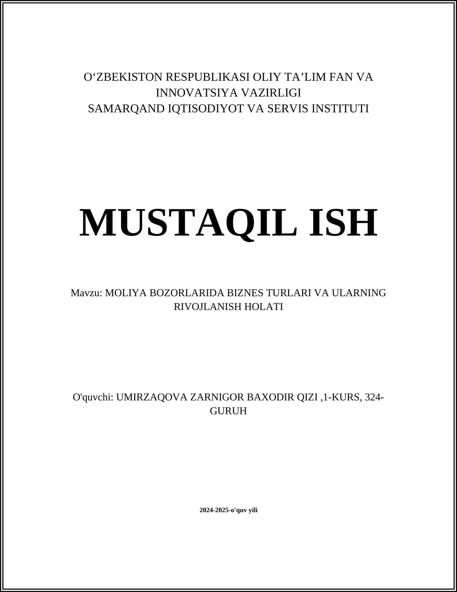 MOLIYA BOZORLARIDA BIZNES TURLARI VA ULARNING RIVOJLANISH HOLATI