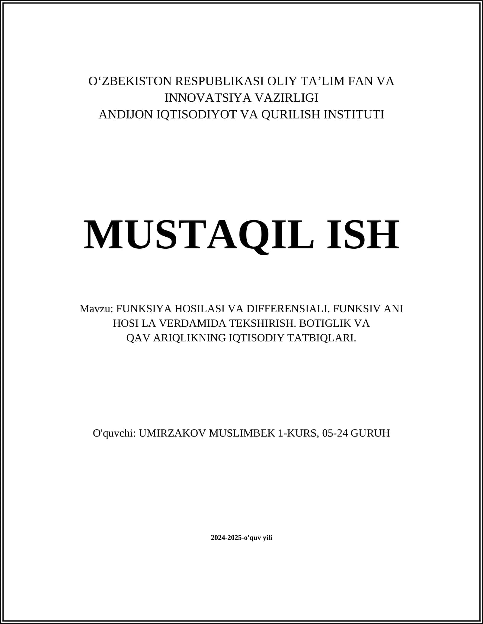 Mavzu: Funksiya Hosilasi va Differensiali. Funksiya Hosilasi va Differensial