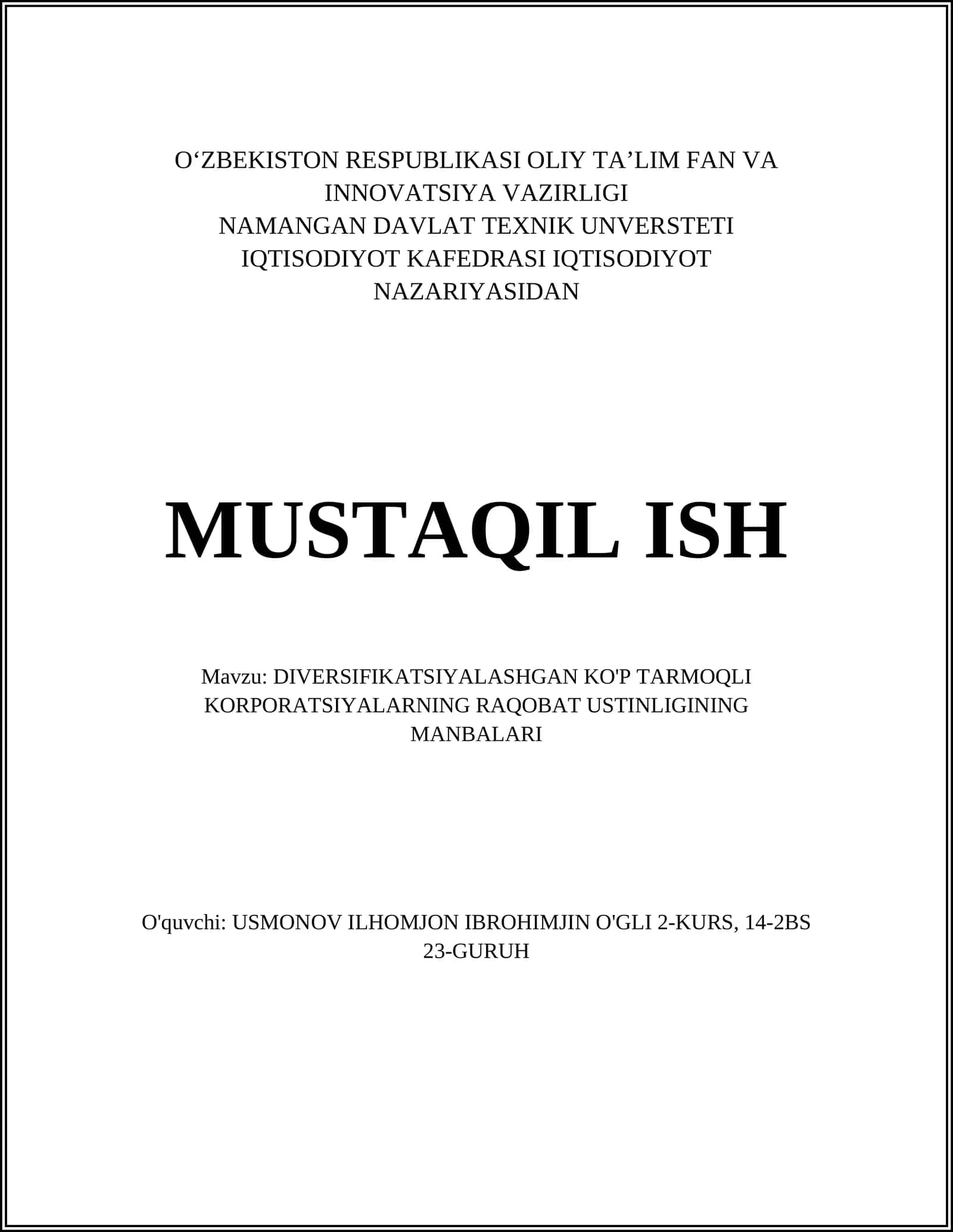 DIVERSIFIKATSIYALASHGAN KO'P TARMOQLI KORPORATSIYALARNING RAQOBAT USTINLIGINING MANBALARI