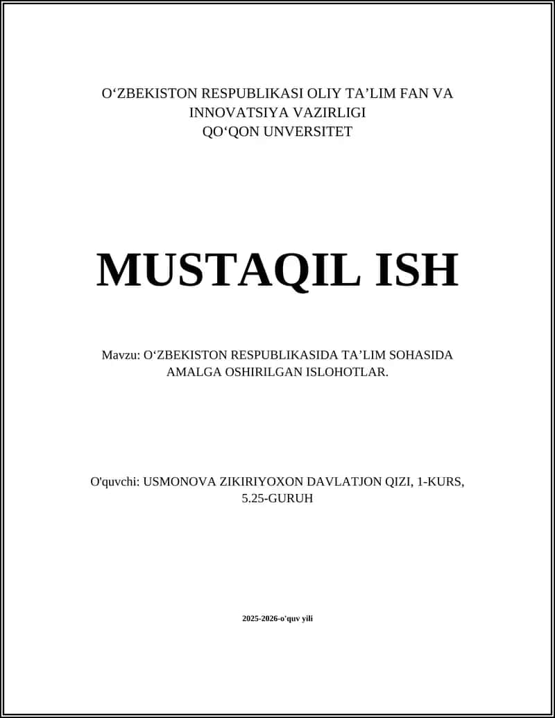 O'zbekiston Respublikasida Ta'lim Sohasida Amalga Oshirilgan Ishlohotlar