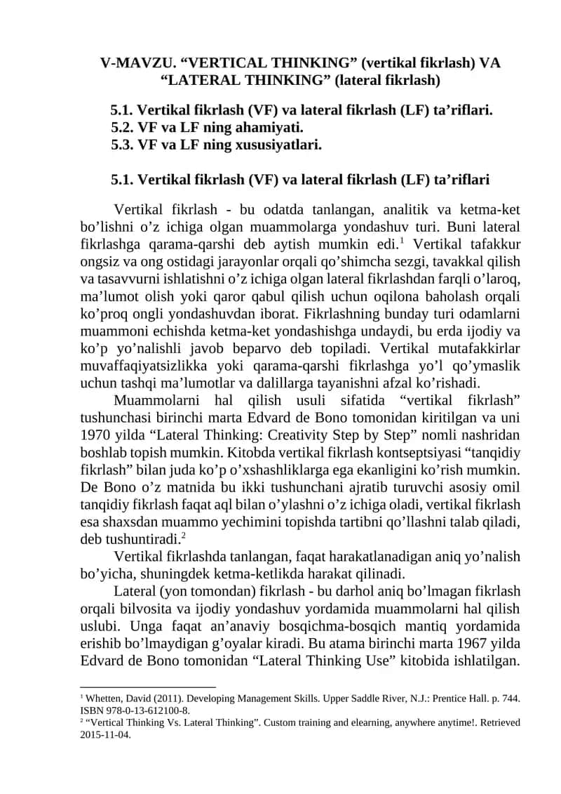 "VERTICAL THINKING" (vertikal fikrlash) VA "LATERAL THINKING" (lateral fikrlash)