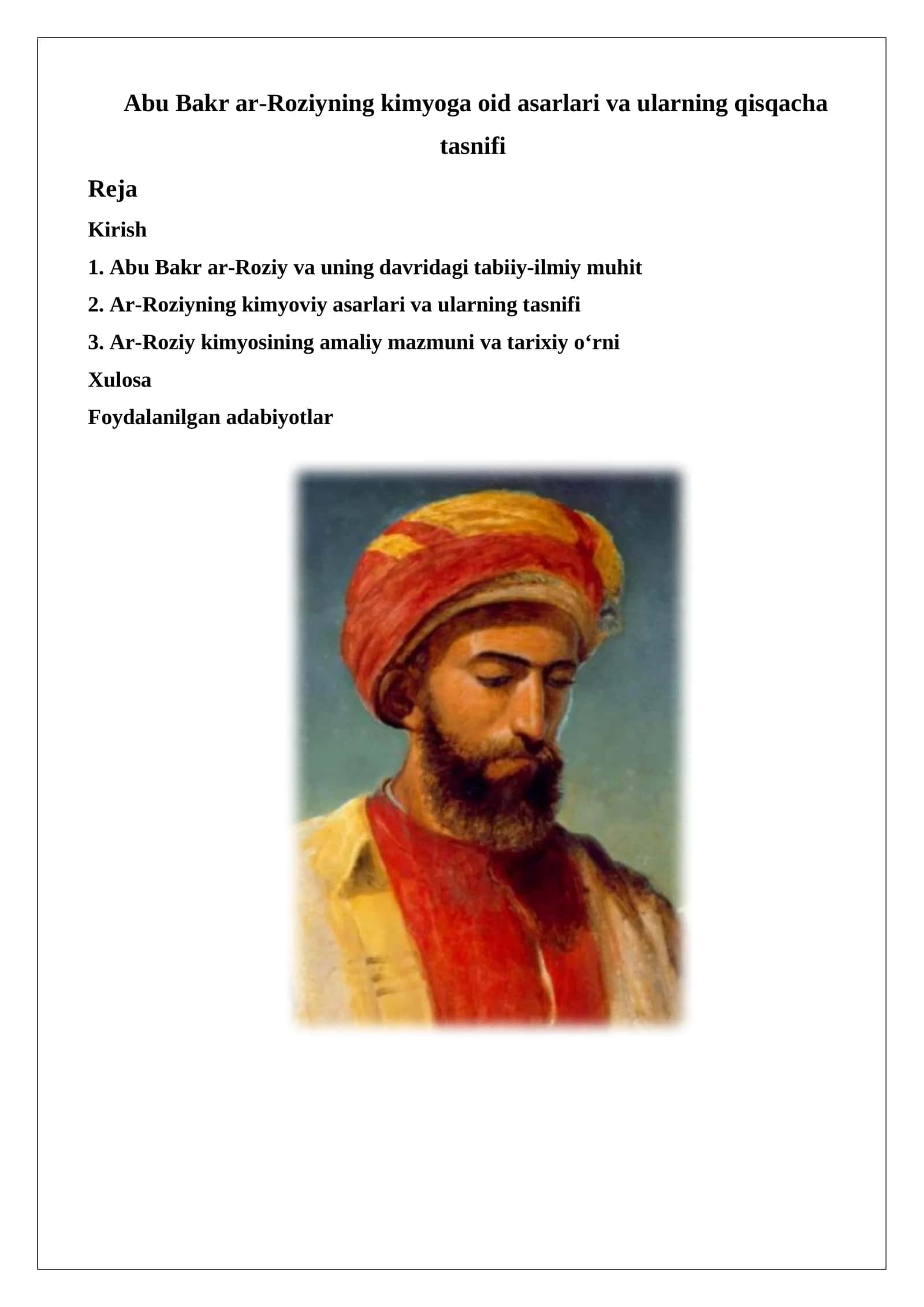Abu Bakr ar-Roziyning kimyoga oid asarlari va ularning qisqacha tasnifi
