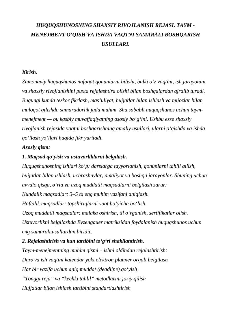 HUQUQSHUNOSNING SHAXSIY RIVOJLANISH REJASI