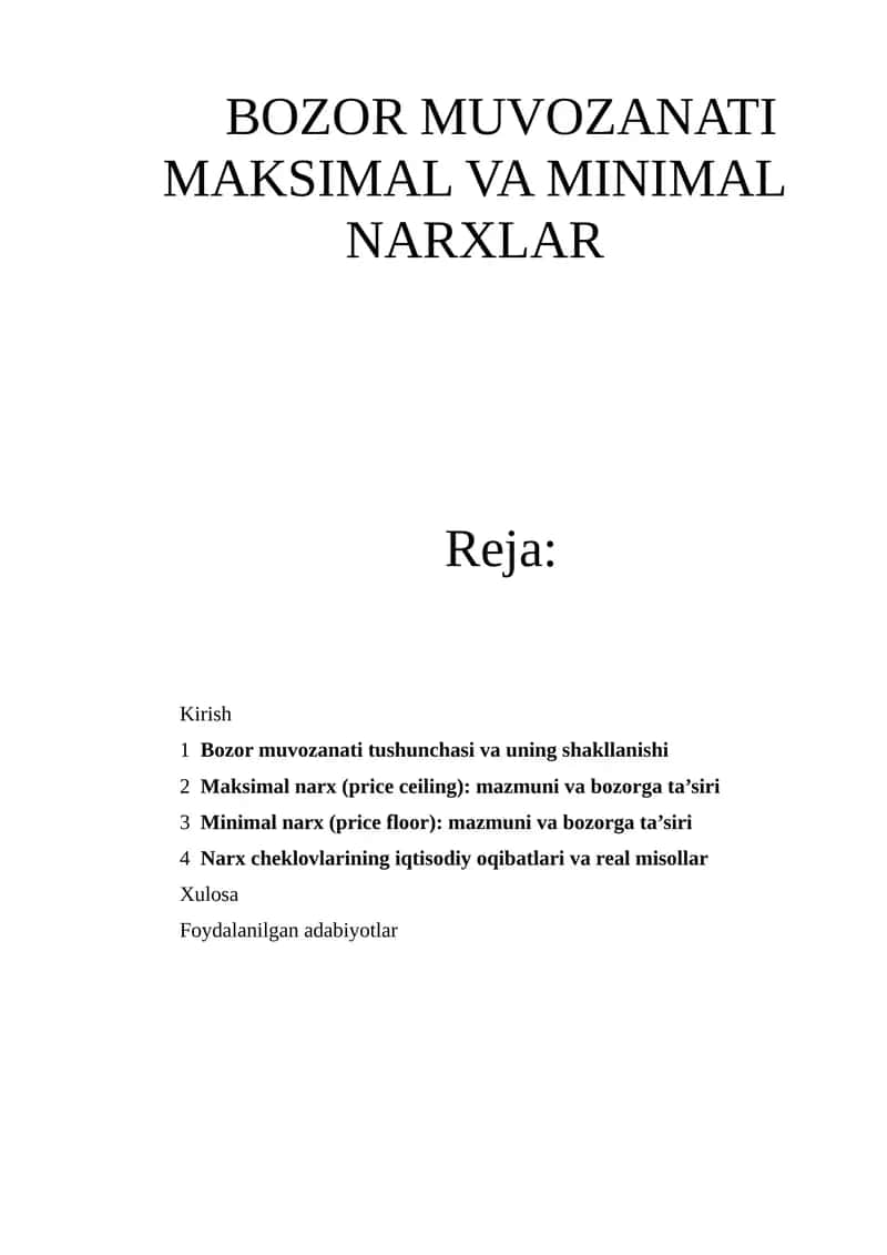 Bozor muvozanati Maksimal va Minimal narxlar