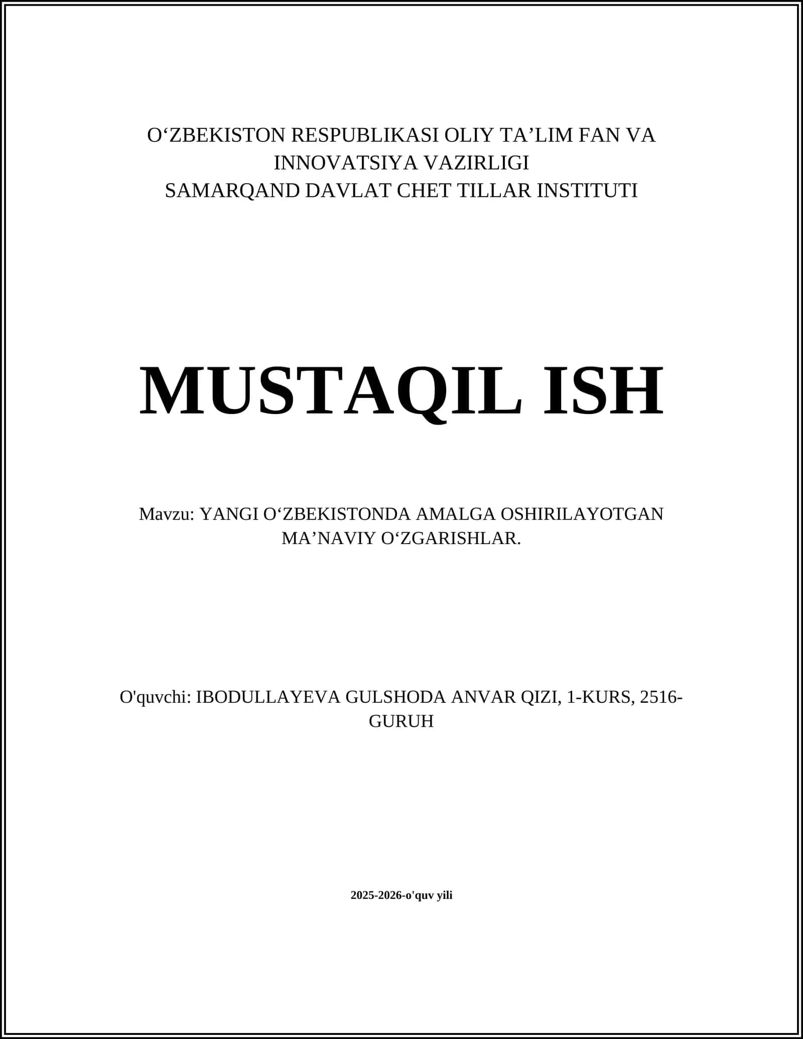 YANGI O‘ZBEKISTONDA AMALGA OSHIRILAYOTGAN MA’NAVIY O‘ZGARISHLAR