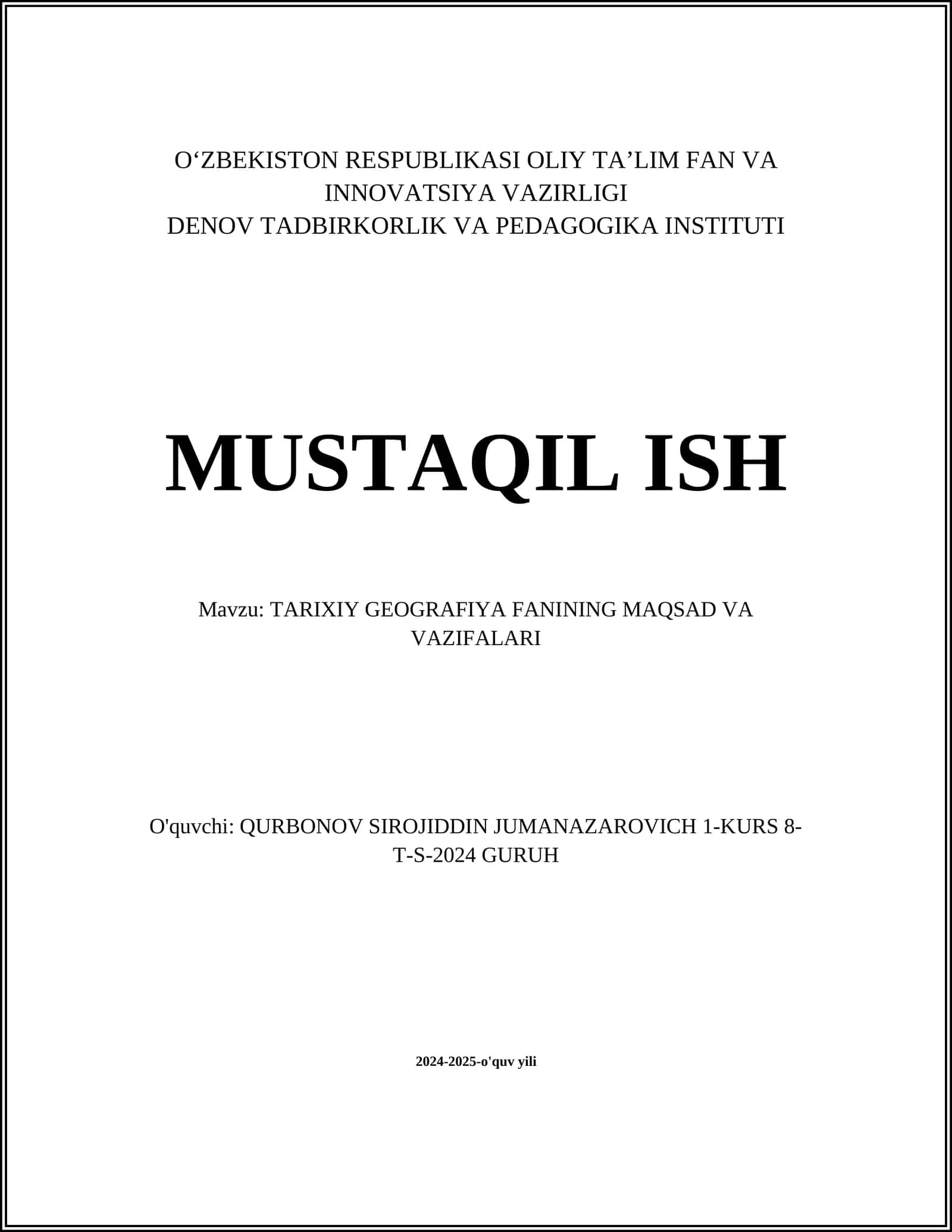 TARIXIY GEOGRAFIYA FANINING MAQSAD VA VAZIFALARI