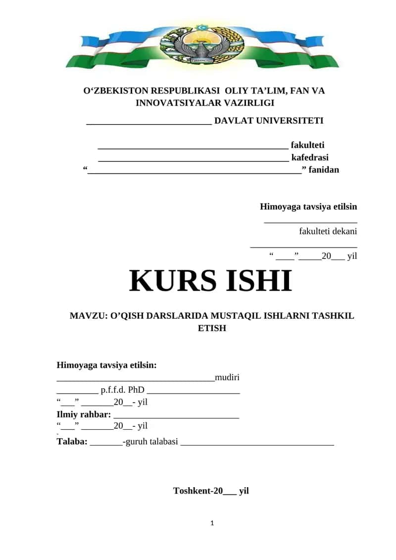 O'QISH DARSLARIDA MUSTAQIL ISHLARNI TASHKIL ETISH