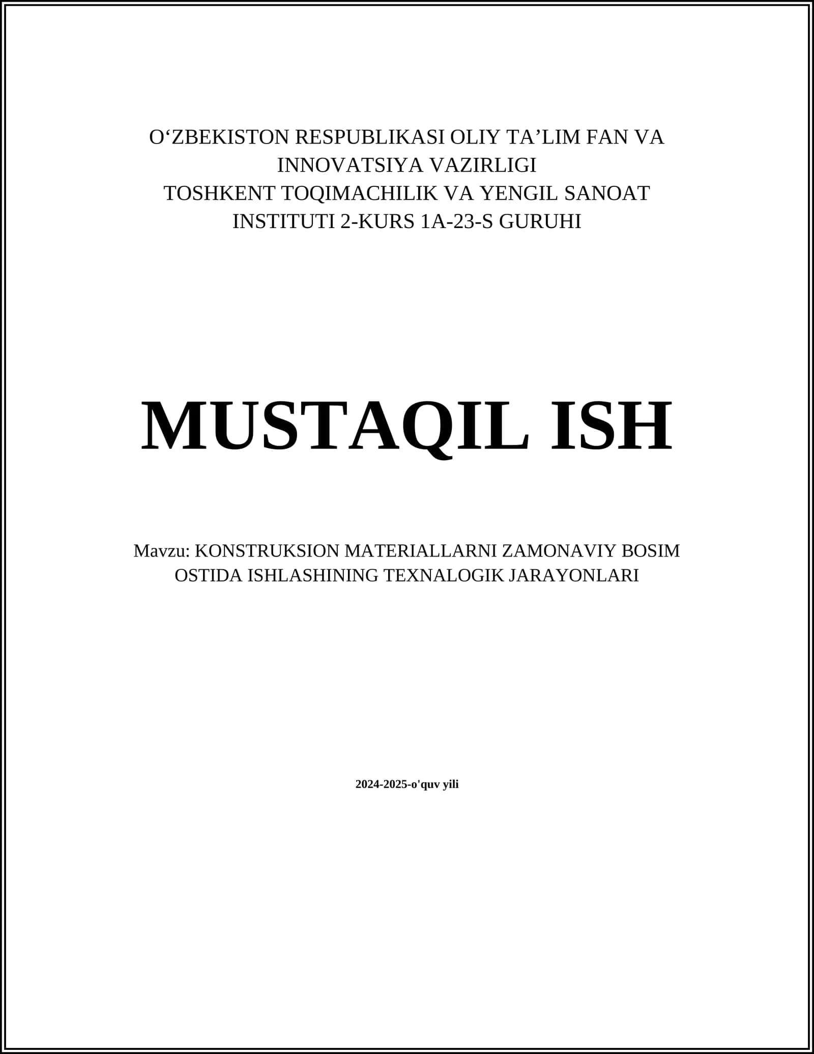 KONSTRUKSION MATERIALLARNI ZAMONAVIY BOSIM OSTIDA ISHLASHINING TEXNALOGIK JARAYONLARI