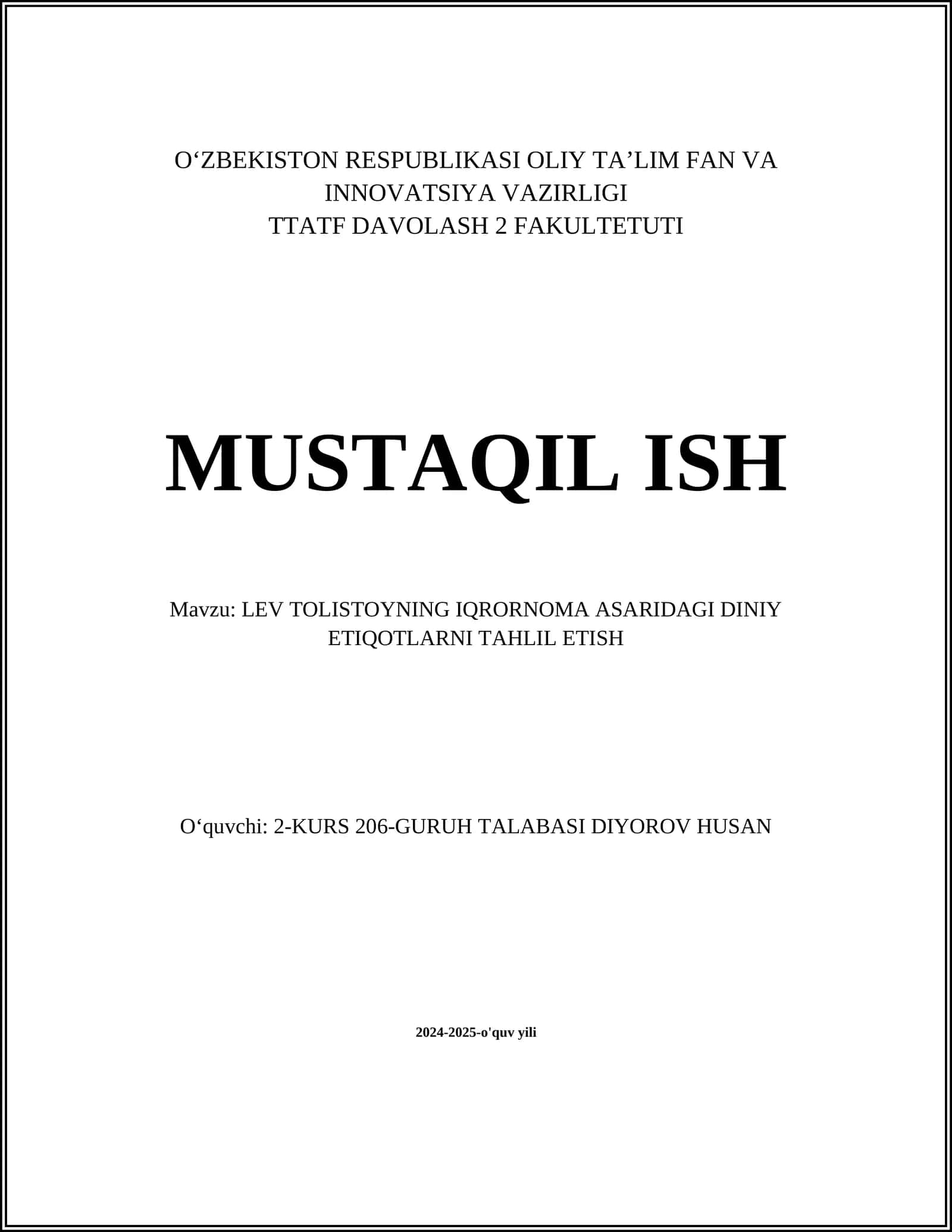 LEV TOLISTOYNING IQRORNOMA ASARIDAGI DINIY ETIQOTLARNI TAHLIL ETISH