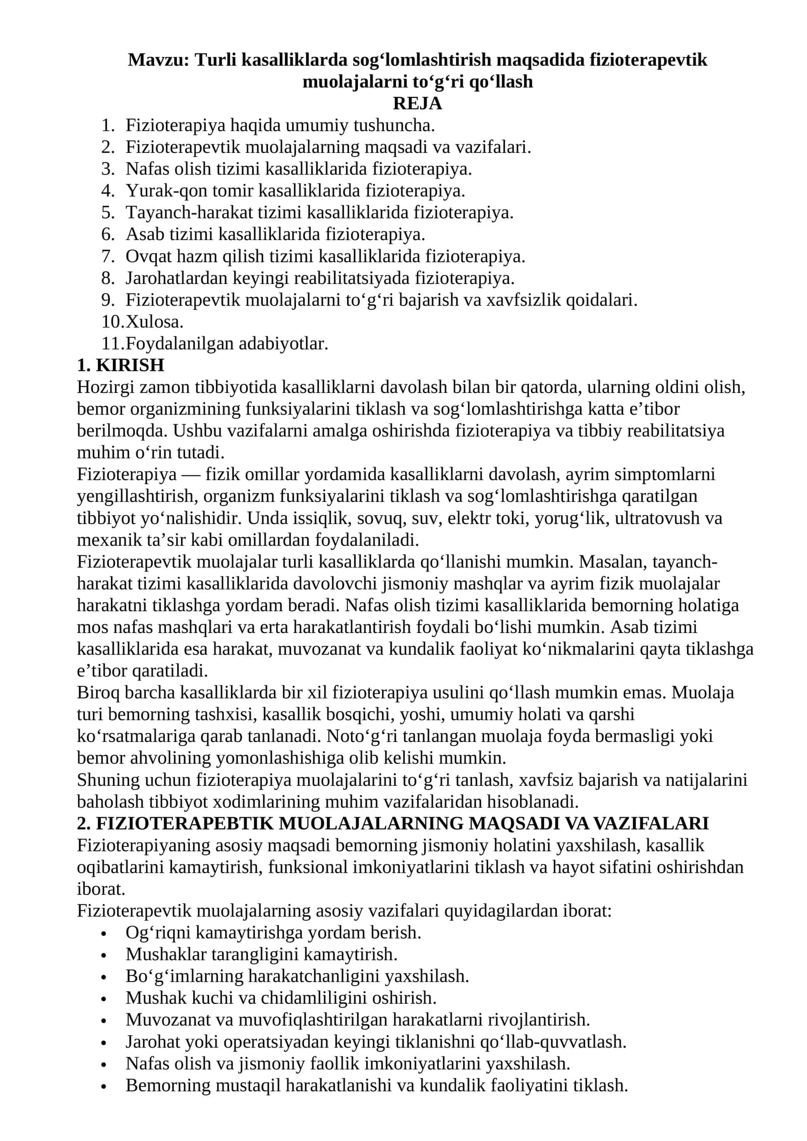 Mavzu: Turli kasalliklarda sog‘lomlashtirish maqsadida fizioterapevtik muolajalarni to‘g‘ri qo‘llash