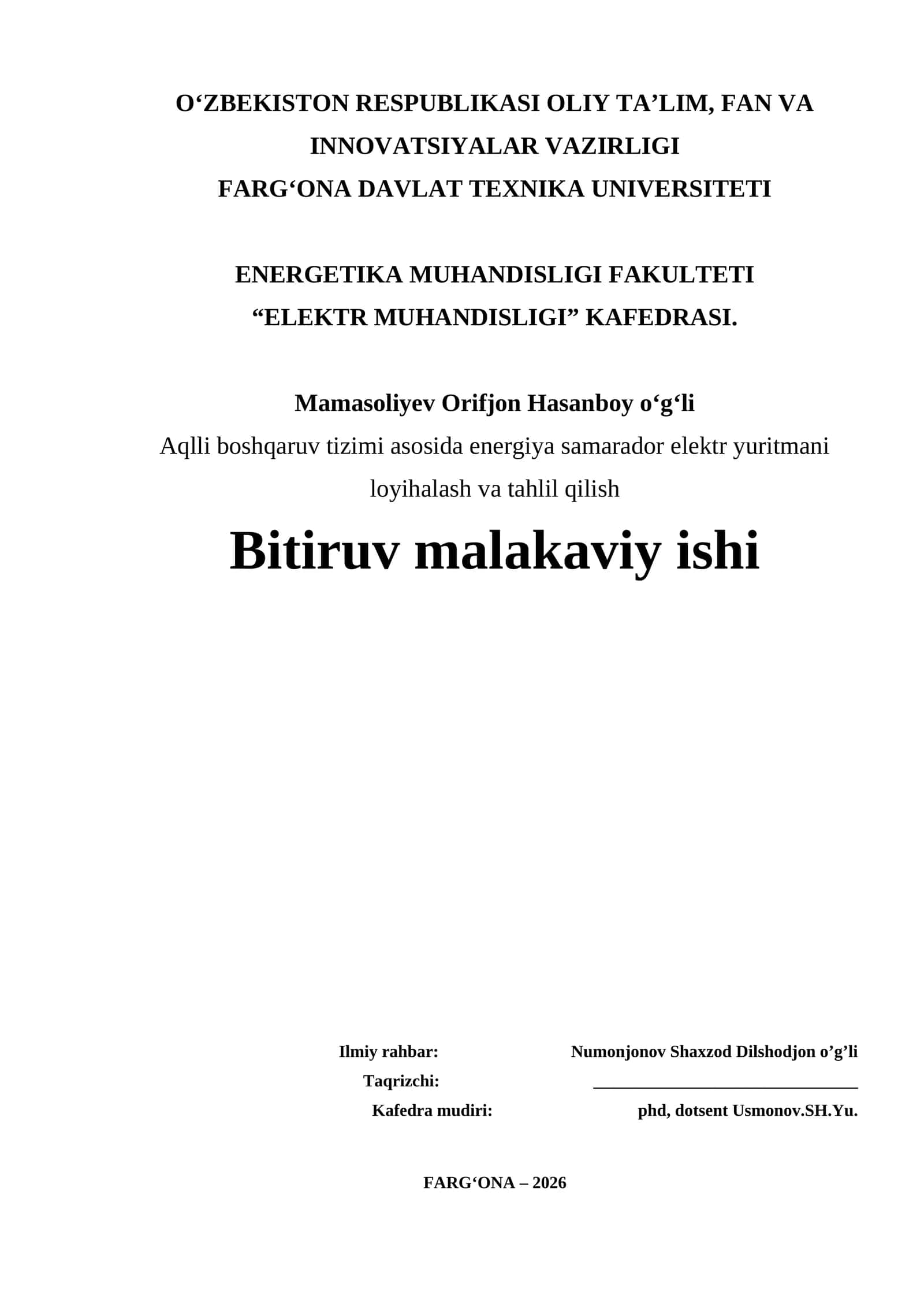 Aqlli boshqaruv tizimi asosida energiya samarador elektr yuritmani loyihalash va tahlil qilish