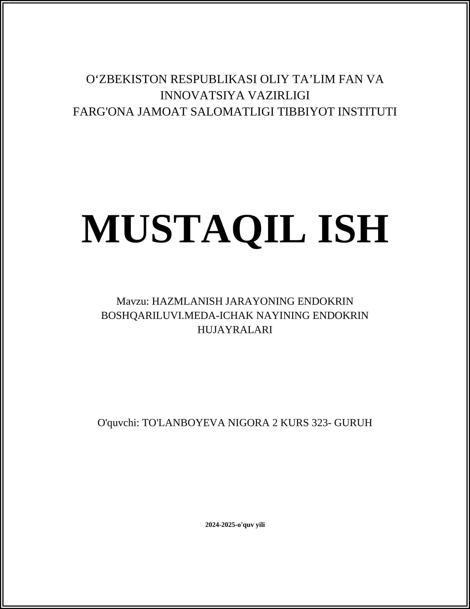 HAZMLANISH JARAYONING ENDOKRIN BOSHQARILUVI