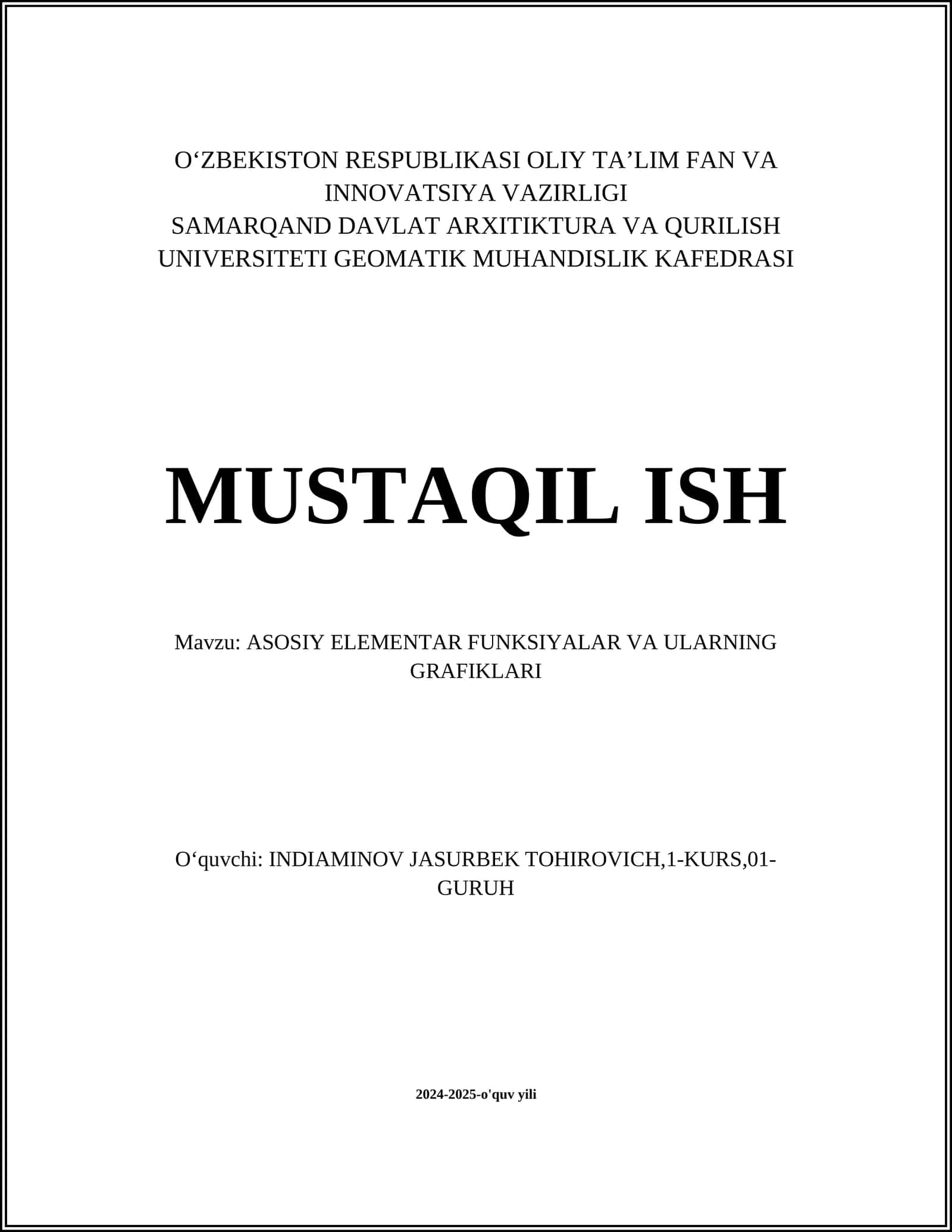 ASOSIY ELEMENTAR FUNKSIYALAR VA ULARNING GRAFIKLARI