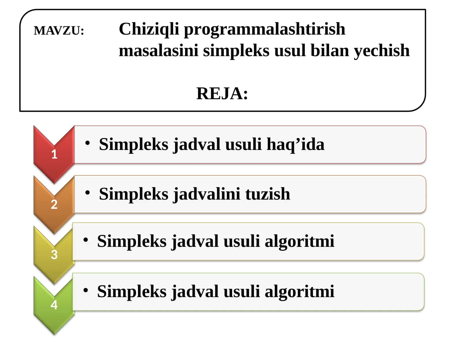 Chiziqli prоgrаmmаlаshtirish mаsаlаsini simplеks usul bilan yechish