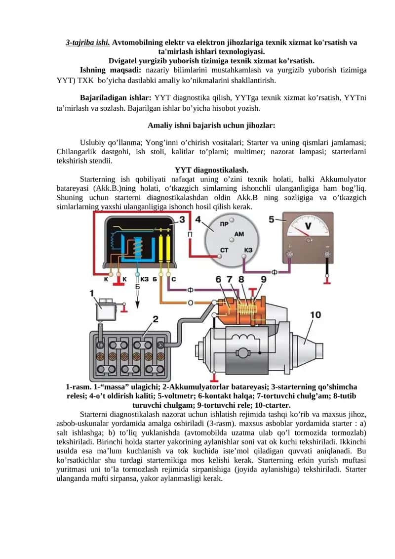 Avtomobilning elektr va elektron jihozlariga texnik xizmat ko'rsatish va ta'mirlash ishlari texnologiyasi