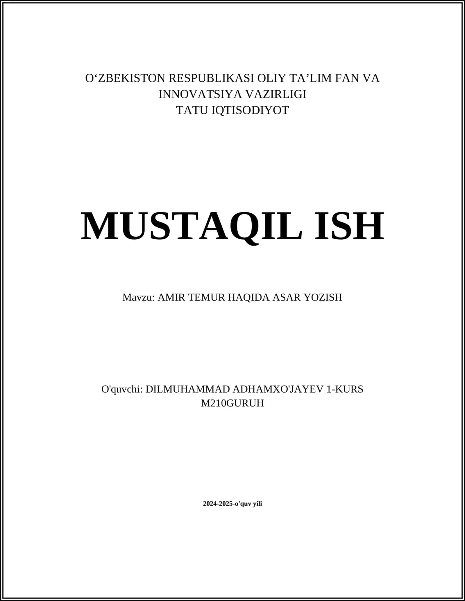 AMIR TEMUR HAQIDA ASAR YOZISH