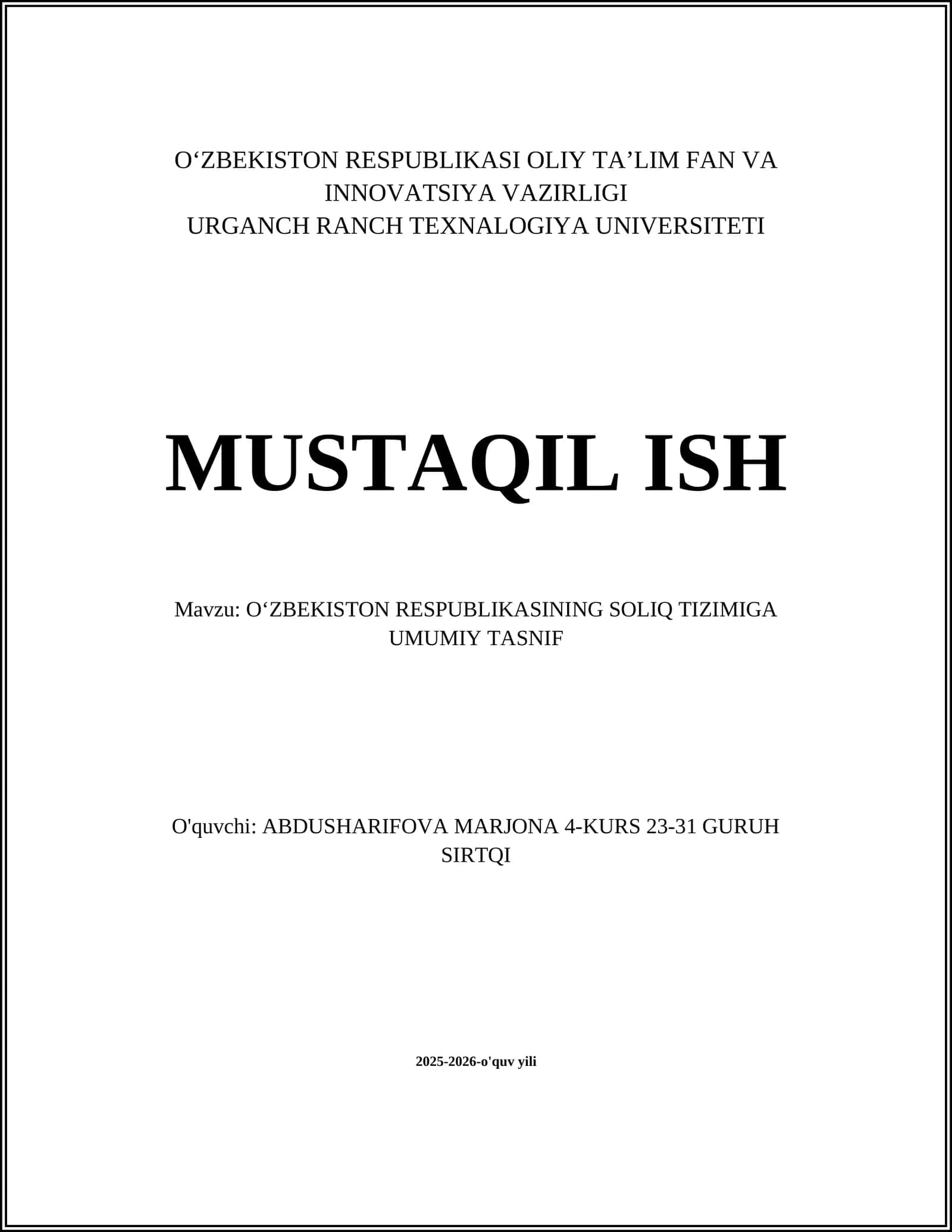 O'ZBEKISTON RESPUBLIKASINING SOLIQ TIZIMIGA UMUMIY TASNIF