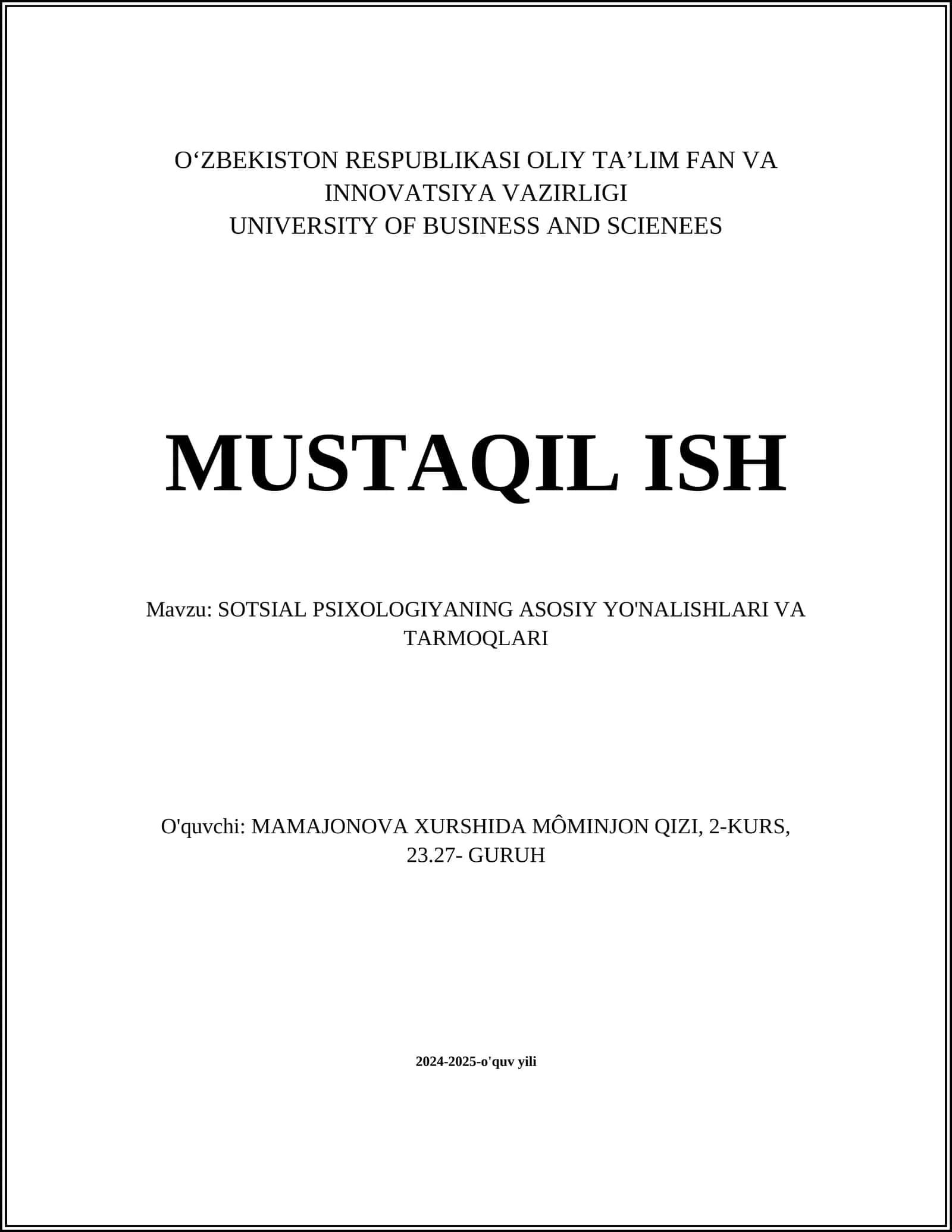 SOTSIAL PSIXOLOGIYANING ASOSIY YO'NALISHLARI VA TARMOQLARI