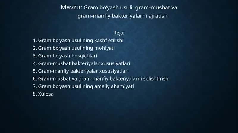 Gram bo‘yash usuli: gram-musbat va gram-manfiy bakteriyalarni ajratish