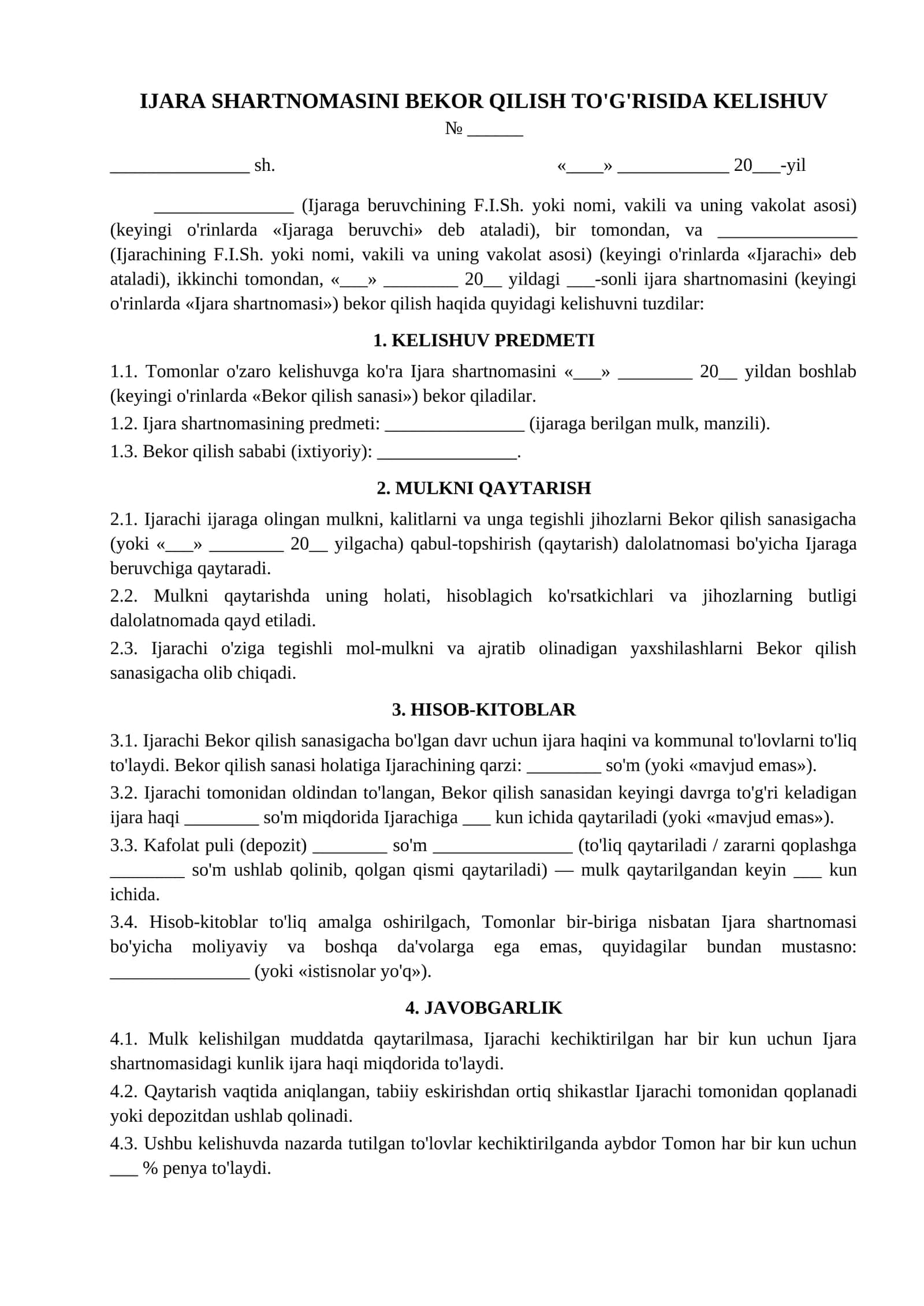 Ijara shartnomasini bekor qilish togrisida kelishuv namunasi