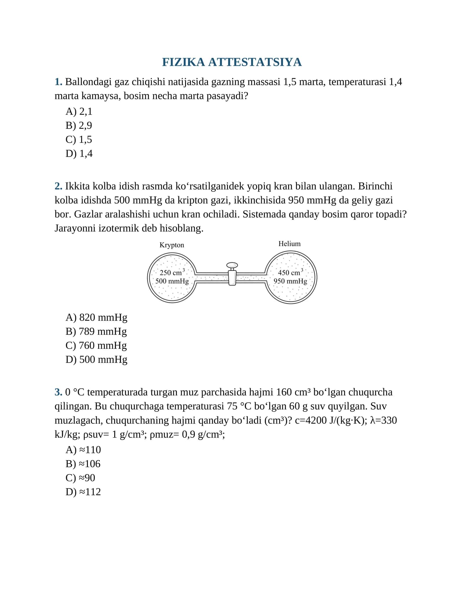 FIZIKA ATTESTATSIYA TESTI (KALIT+QISQA YECHIMI BILAN)