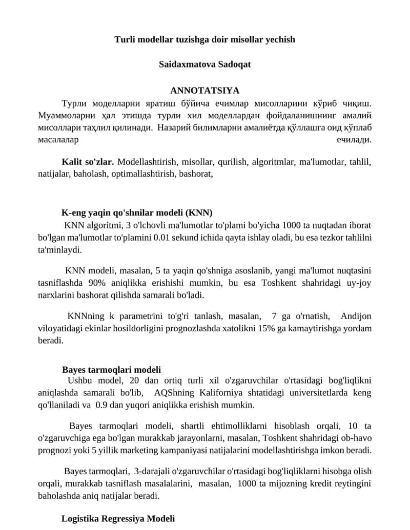 Turli modellar tuzishga doir misollar yechish
