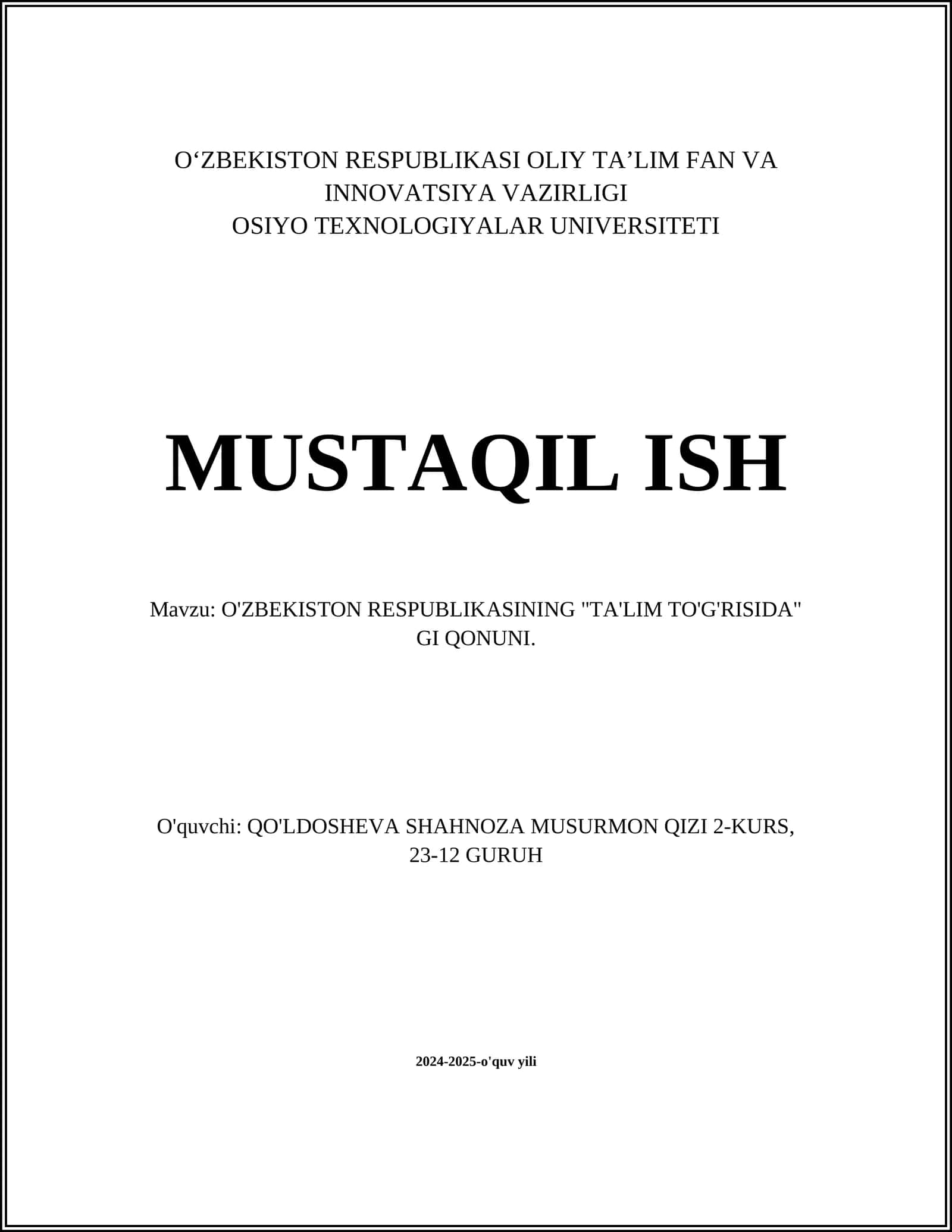 O'ZBEKISTON RESPUBLIKASINING "TA'LIM TO'G'RISIDA" GI QONUNI