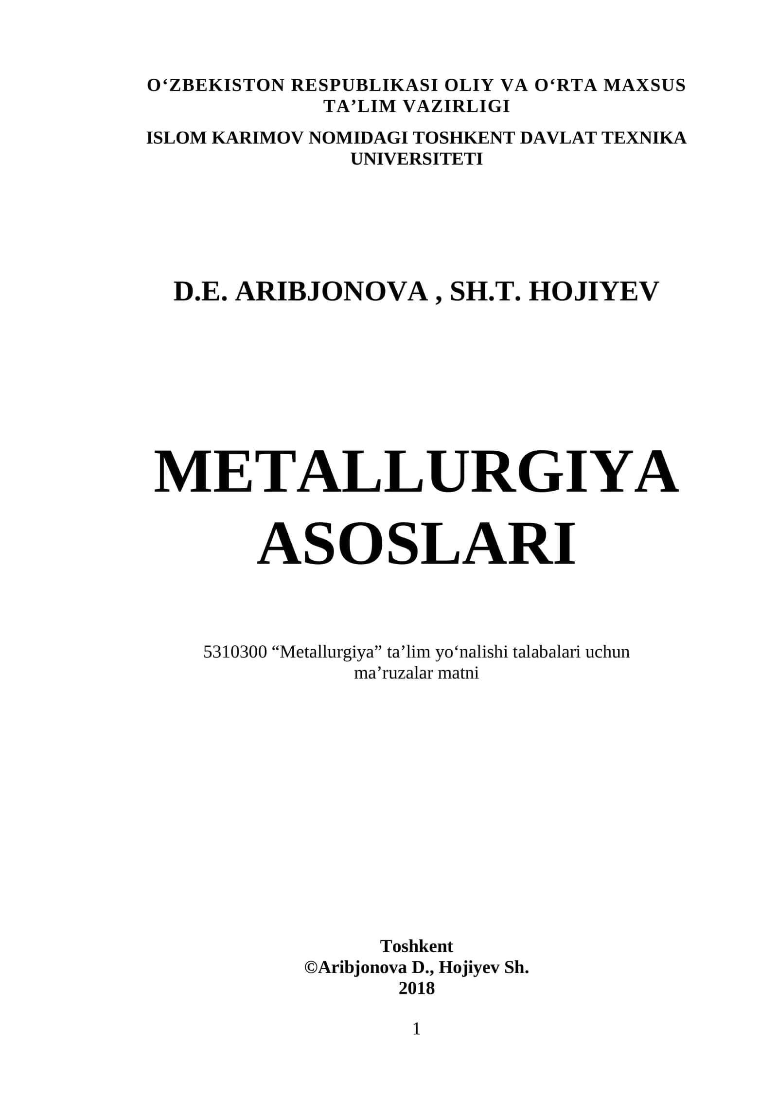 Metallurgiya asoslari: Ma’ruzalar matni