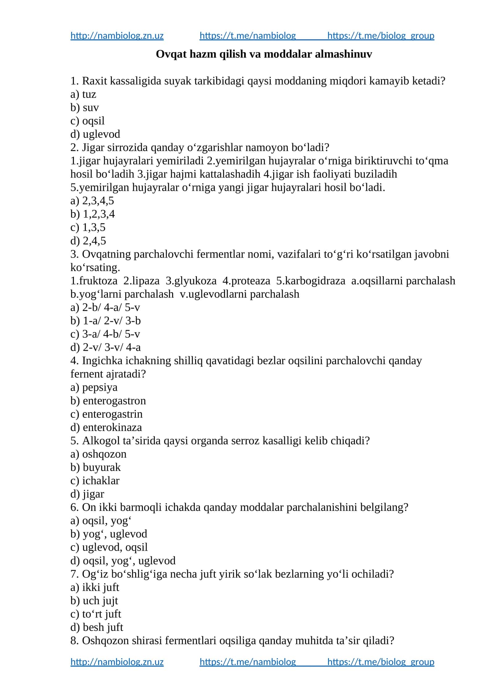 Ovqat hazm qilish va moddalar almashinuv