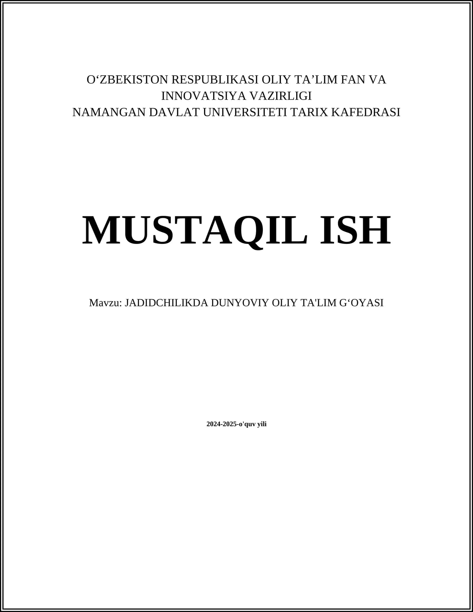 JADIDCHILIKDA DUNYOVIY OLIY TA'LIM GʻOYASI