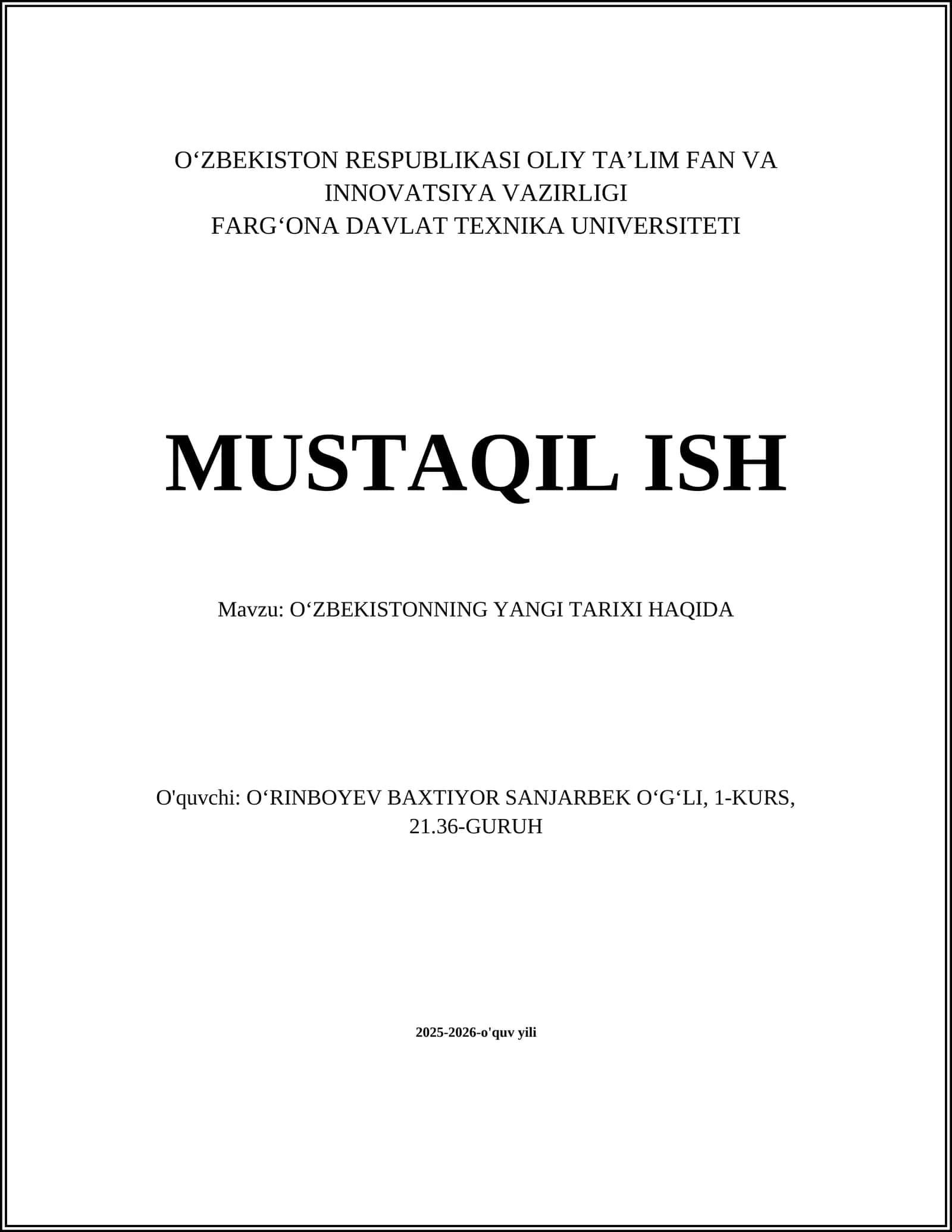 O‘ZBEKISTONNING YANGI TARIXI HAQIDA