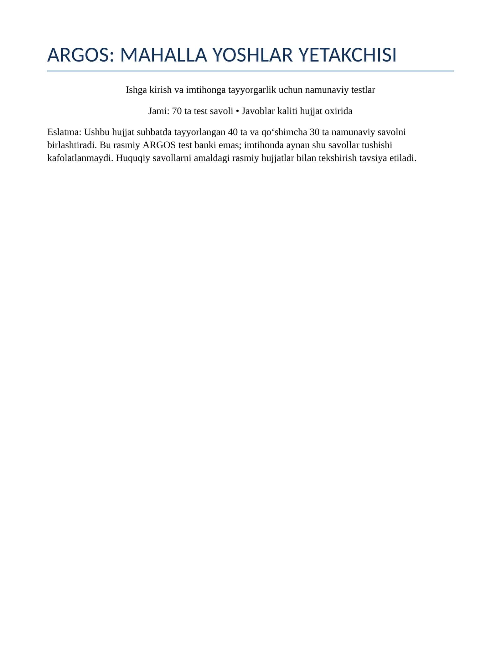 ARGOS — Mahalla yoshlar yetakchisi lavozimiga tayyorgarlik testlari