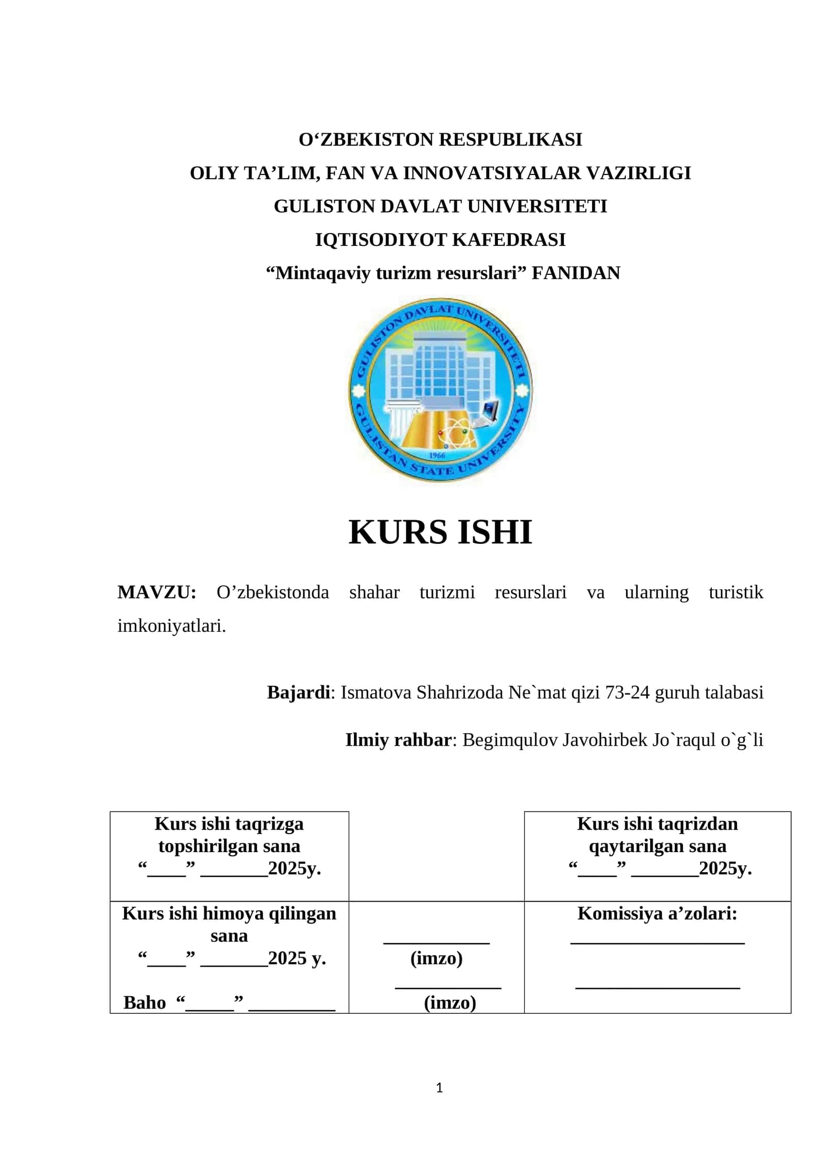 O'zbekistonda shahar turizmi resurslari va ularning turistik imkoniyatlari