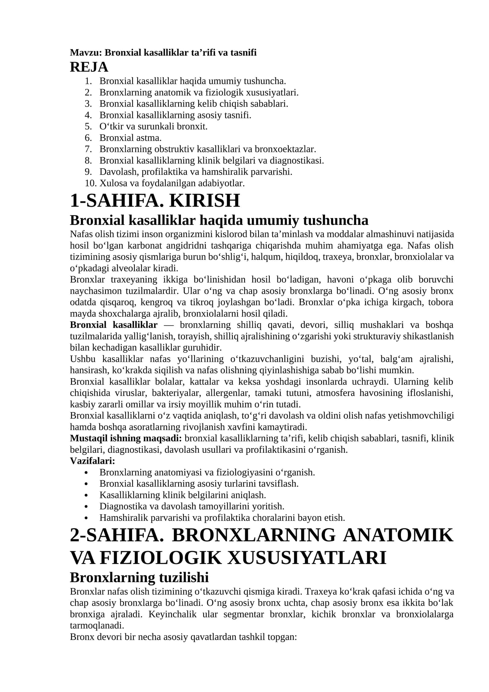 Bronxial kasalliklar ta’rifi va tasnifi