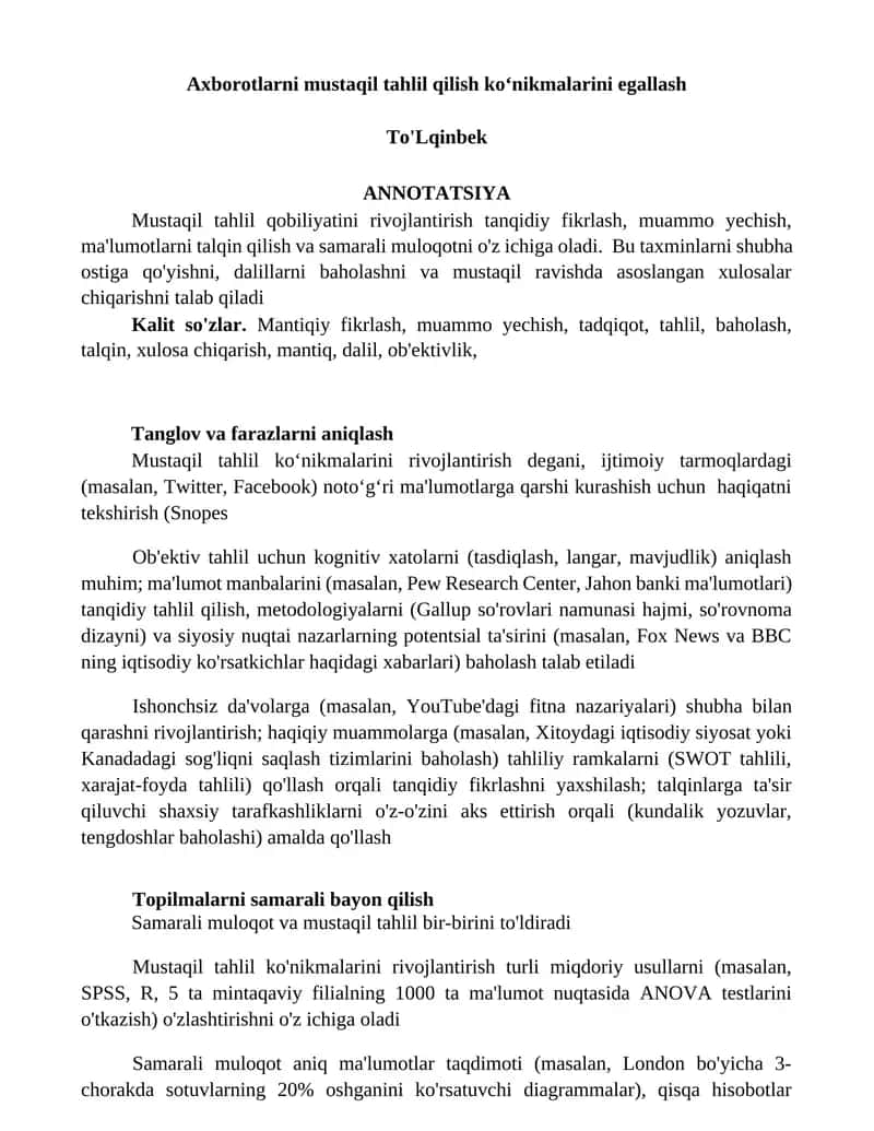 Mustaqil tahlil qilish koʻnikmalarini egallash