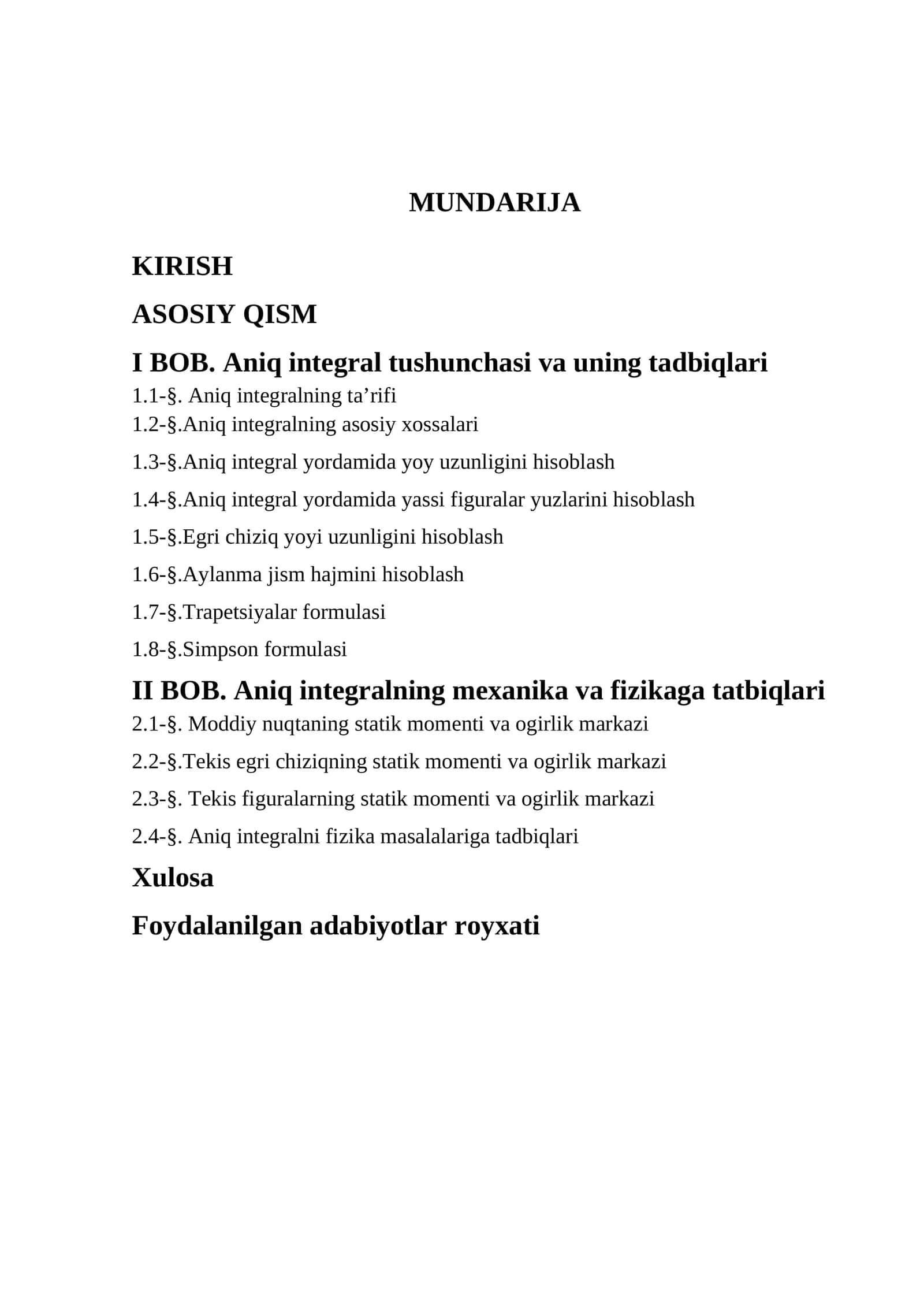 Aniq integralning fizikaga va mexanikaga tatbiqlari