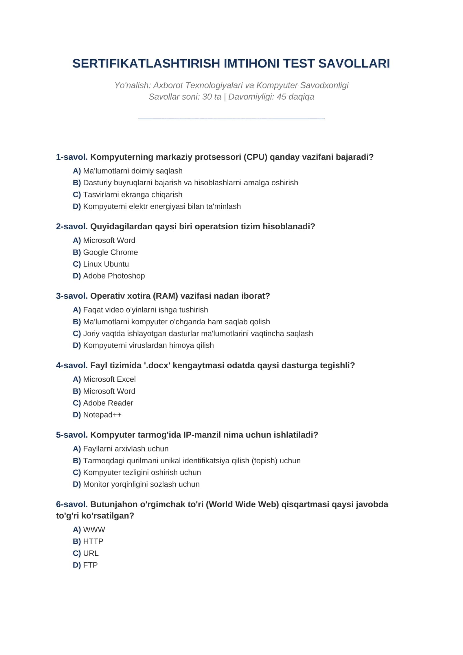 SERTIFIKATLASHTIRISH IMTIHONI TEST SAVOLLARI