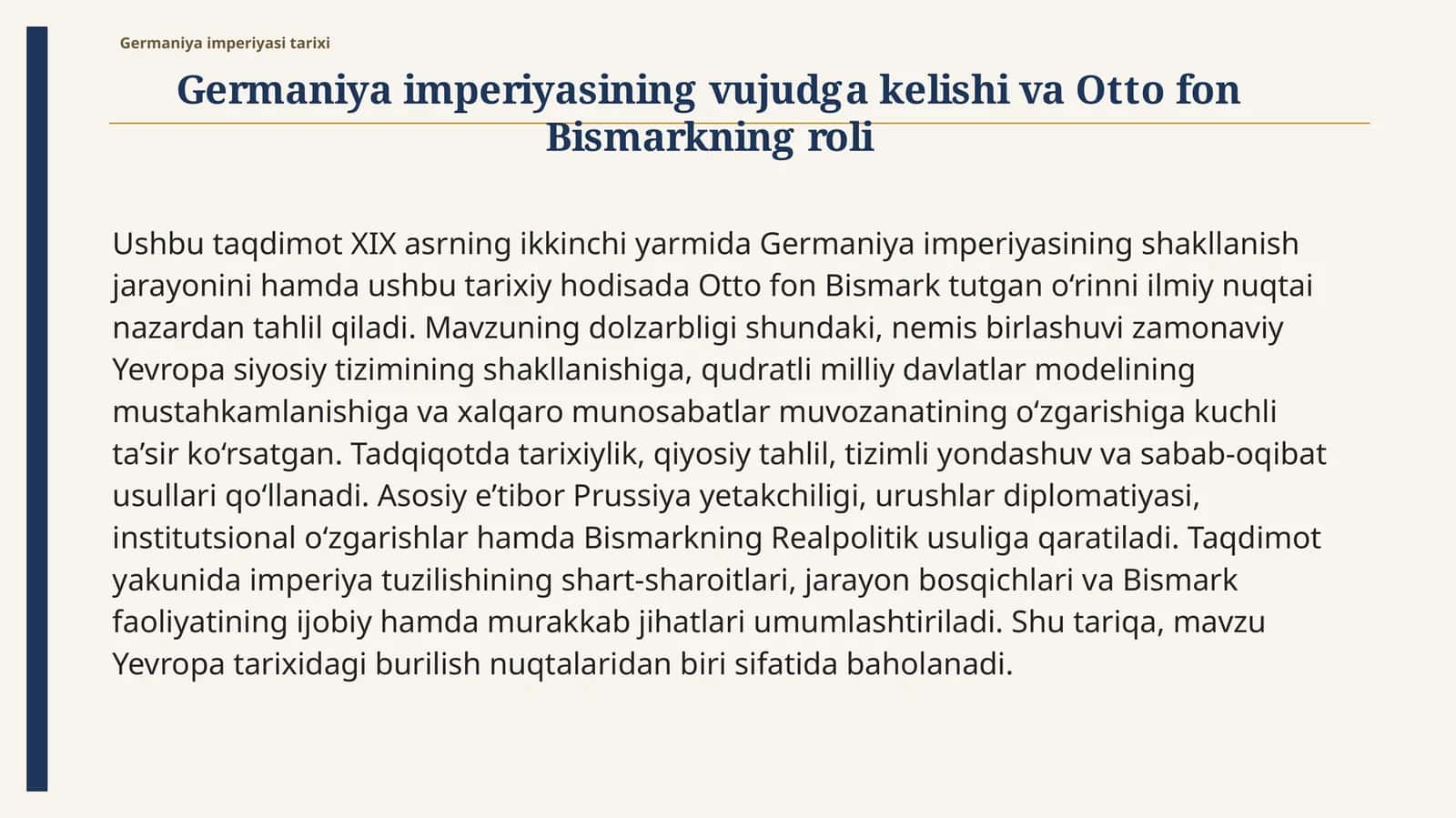Germaniyaimperiyasining vujudga kelishi va Otto fon Bismarkning roli