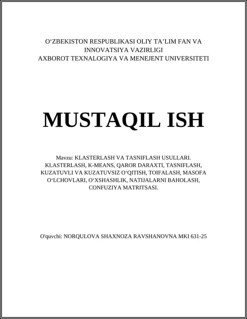 KLASTERLASH VA TASNIFLASH USULLARI