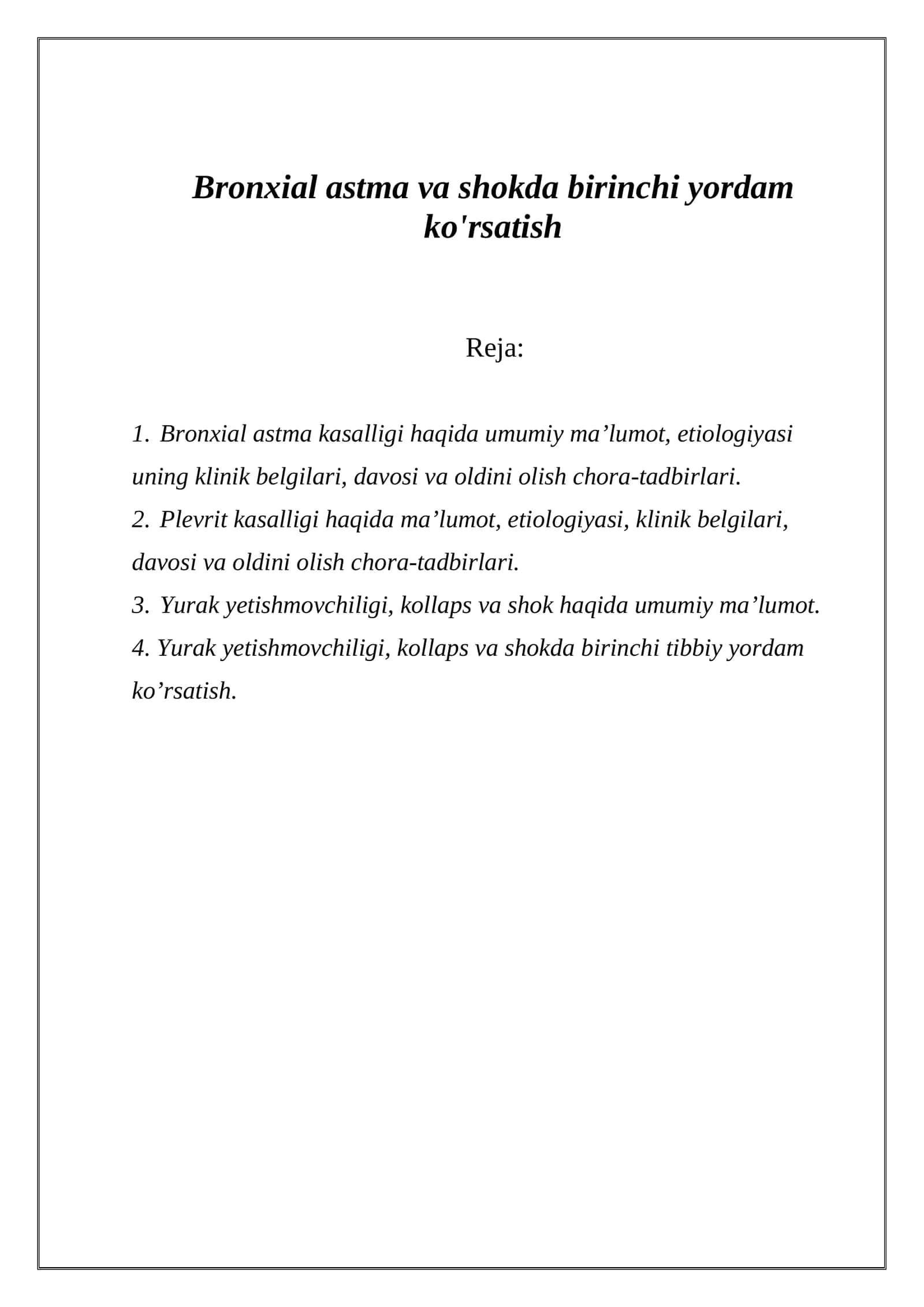 Bronxial astma va shokda birinchi yordam ko'rsatish